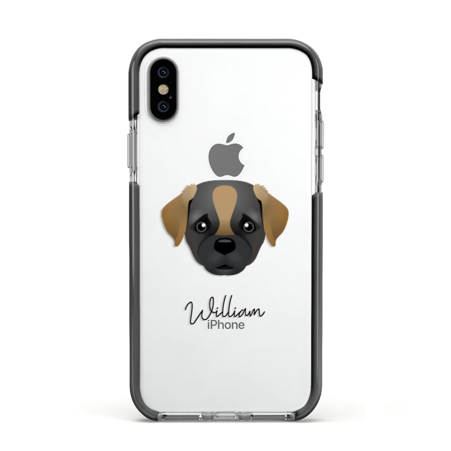 Pugapoo Personalised Apple iPhone Xs Impact Case Black Edge on Silver Phone