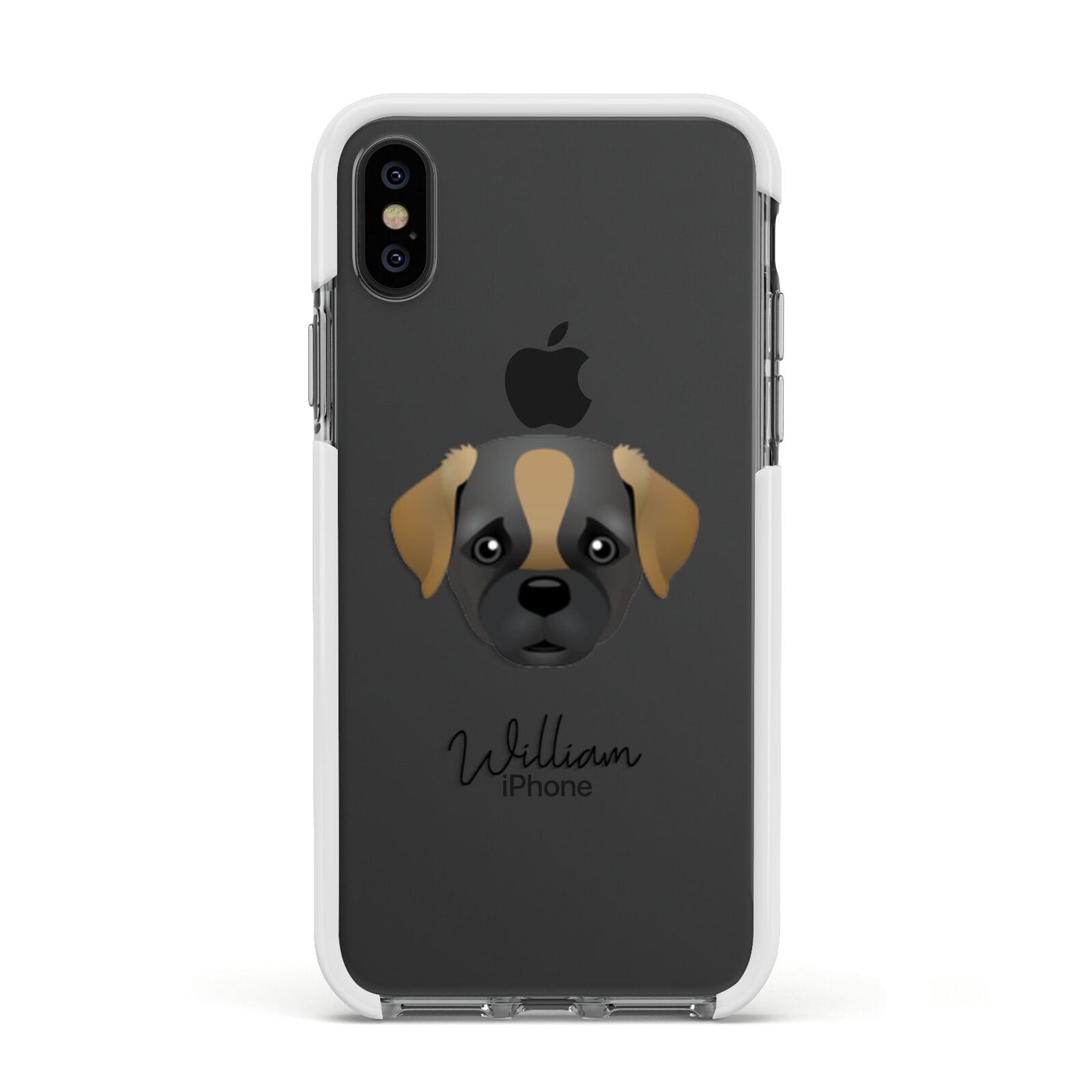 Pugapoo Personalised Apple iPhone Xs Impact Case White Edge on Black Phone