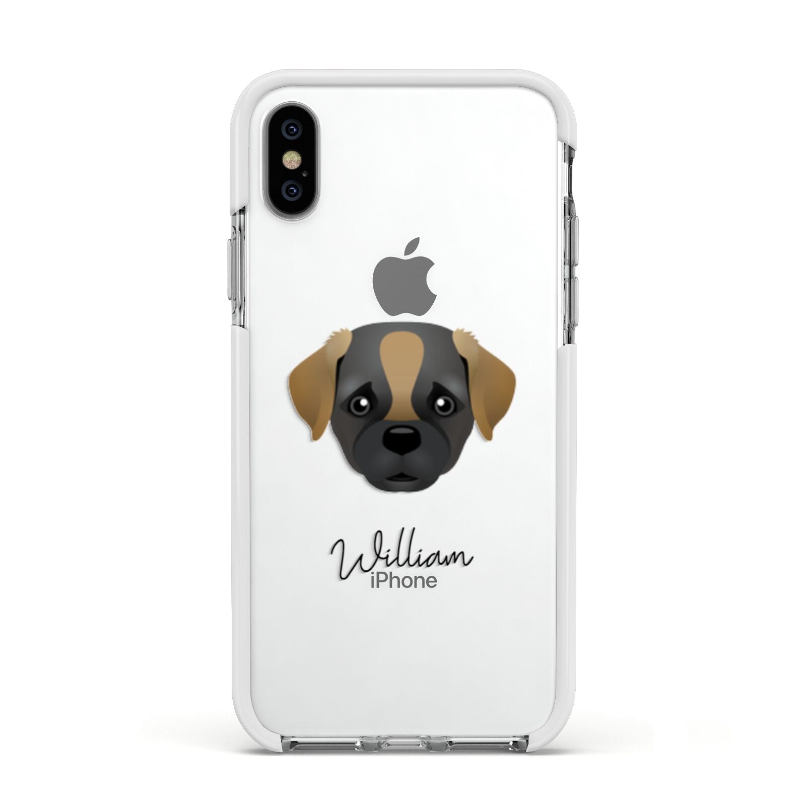 Pugapoo Personalised Apple iPhone Xs Impact Case White Edge on Silver Phone