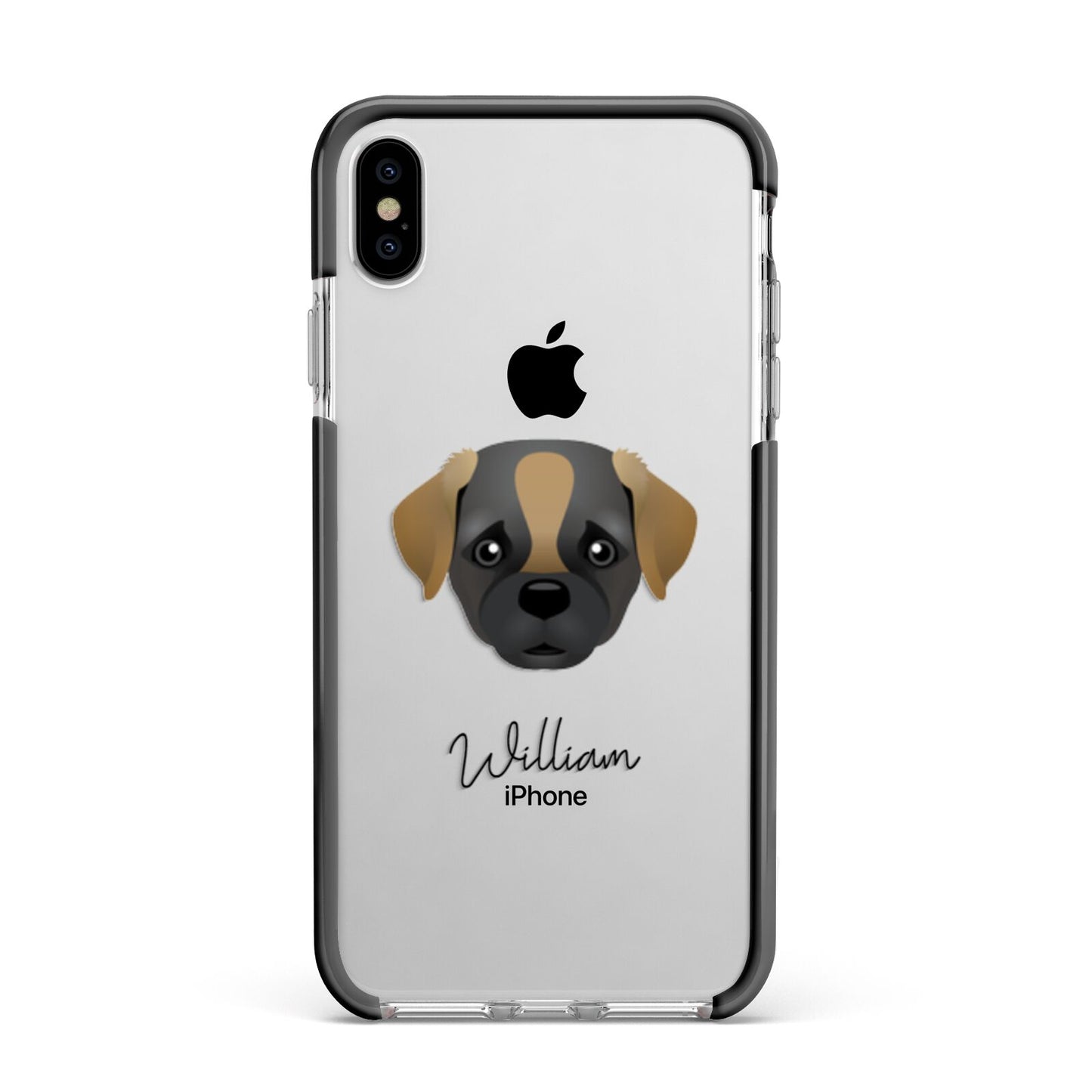 Pugapoo Personalised Apple iPhone Xs Max Impact Case Black Edge on Silver Phone