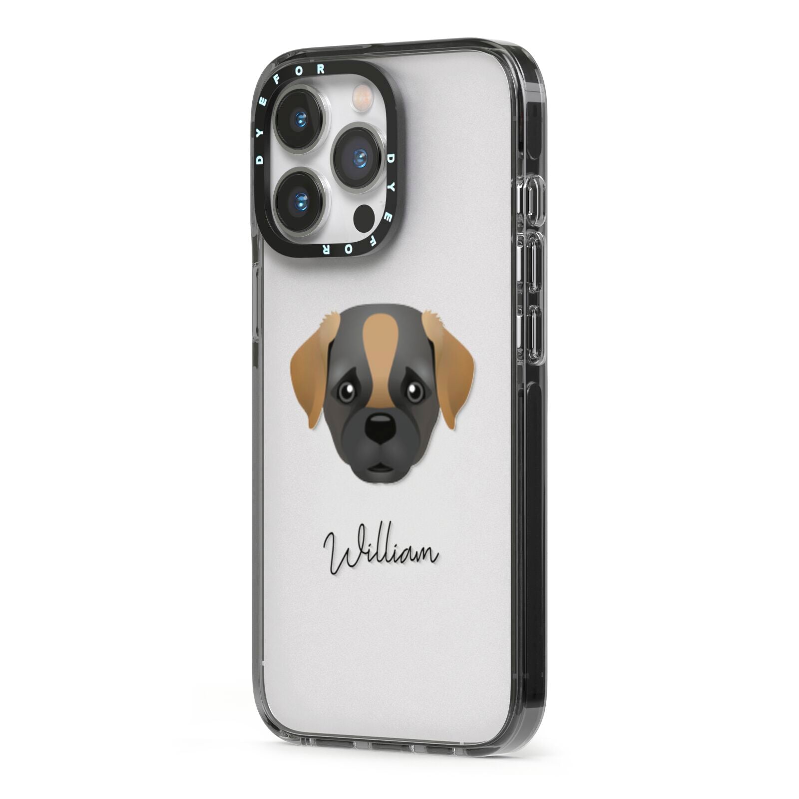 Pugapoo Personalised iPhone 13 Pro Black Impact Case Side Angle on Silver phone