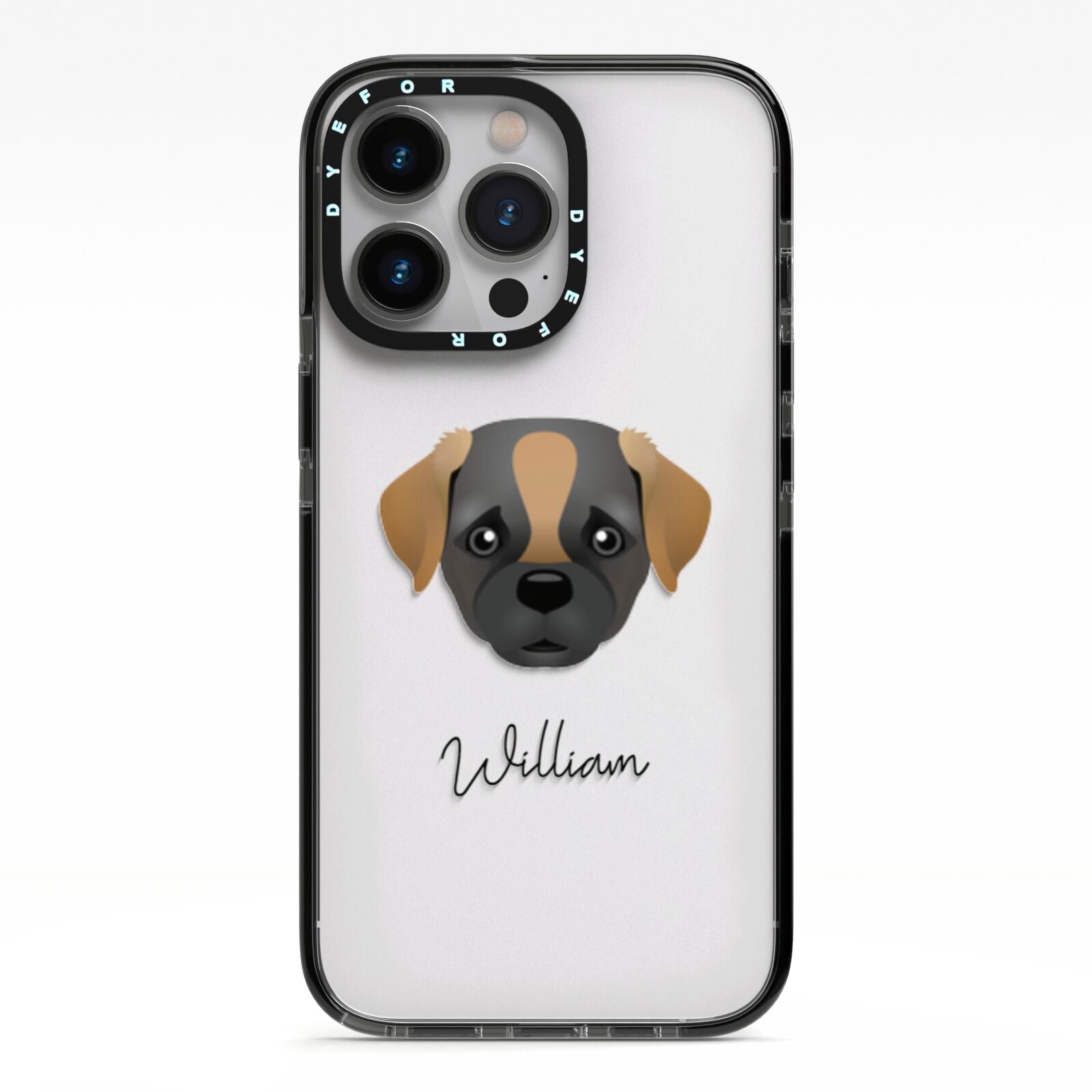 Pugapoo Personalised iPhone 13 Pro Black Impact Case on Silver phone