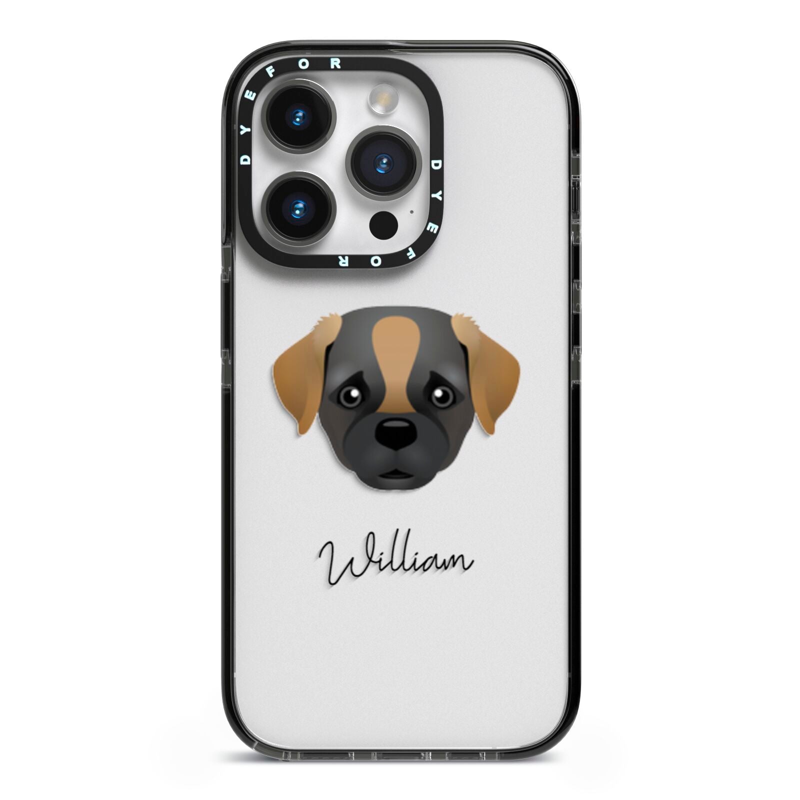 Pugapoo Personalised iPhone 14 Pro Black Impact Case on Silver phone