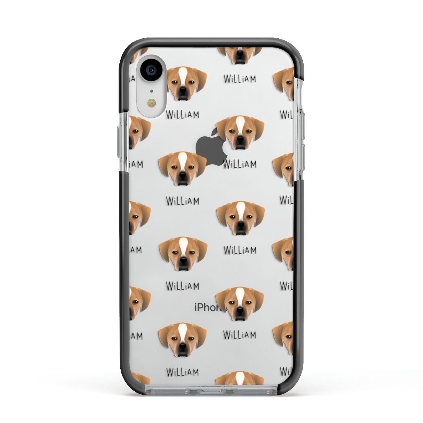 Puggle Icon with Name Apple iPhone XR Impact Case Black Edge on Silver Phone