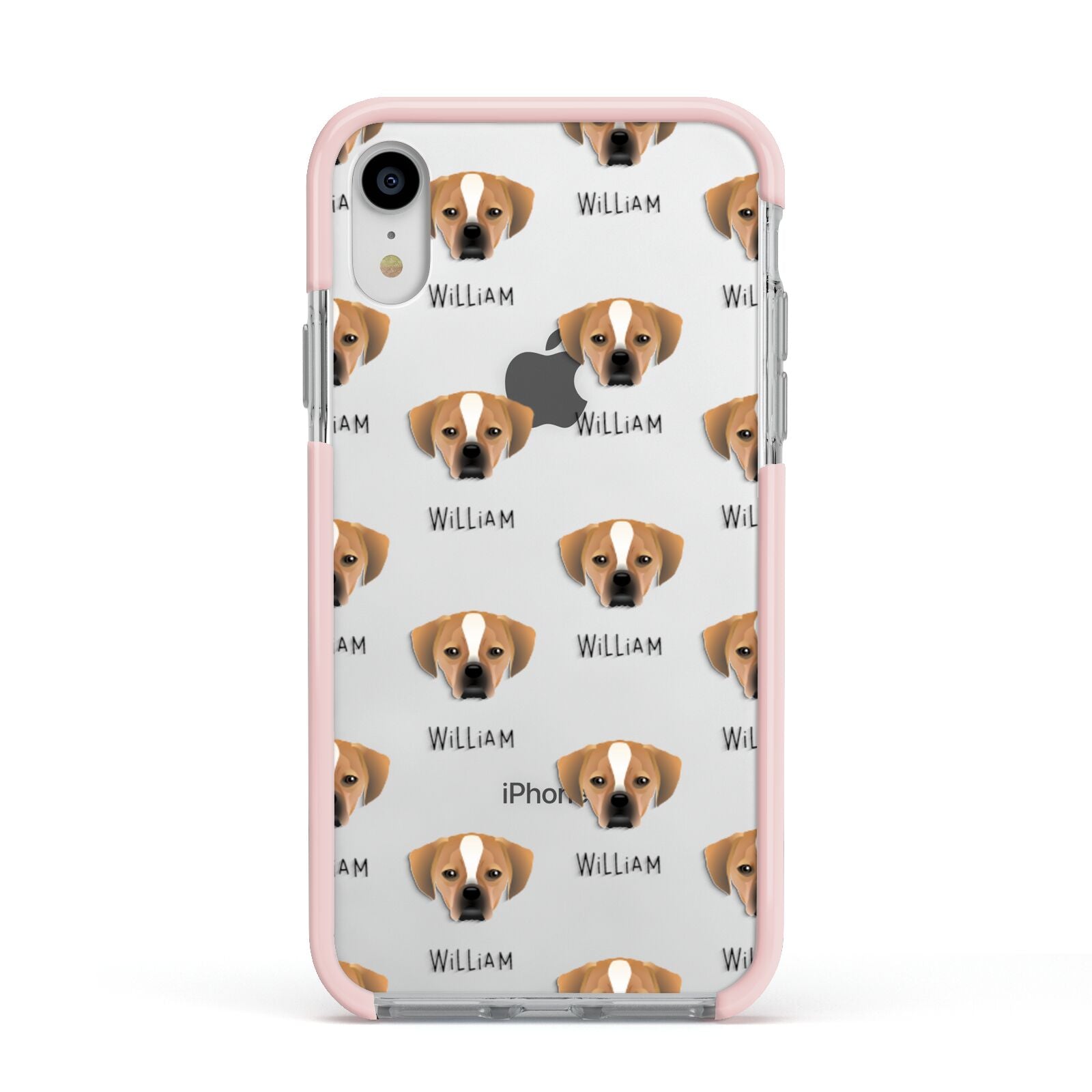 Puggle Icon with Name Apple iPhone XR Impact Case Pink Edge on Silver Phone