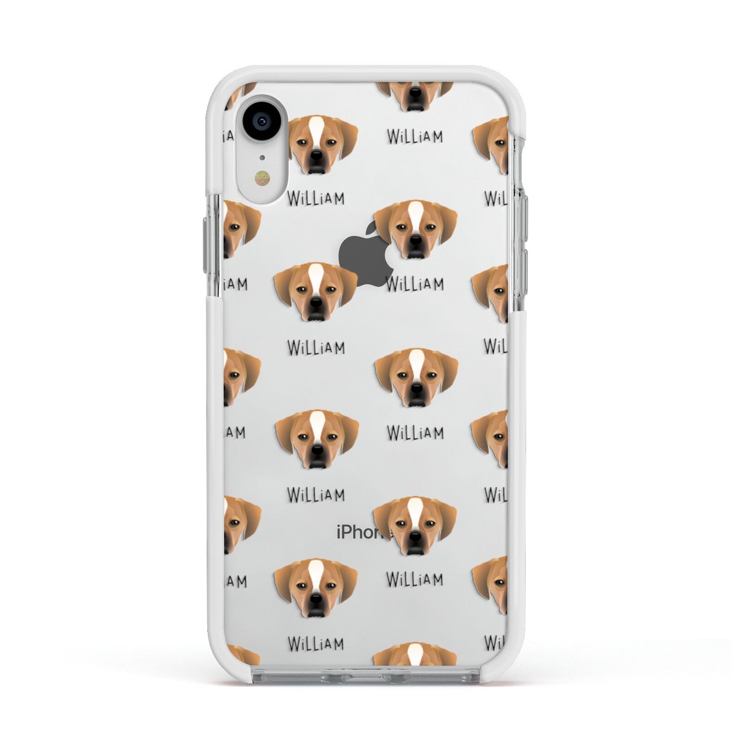 Puggle Icon with Name Apple iPhone XR Impact Case White Edge on Silver Phone