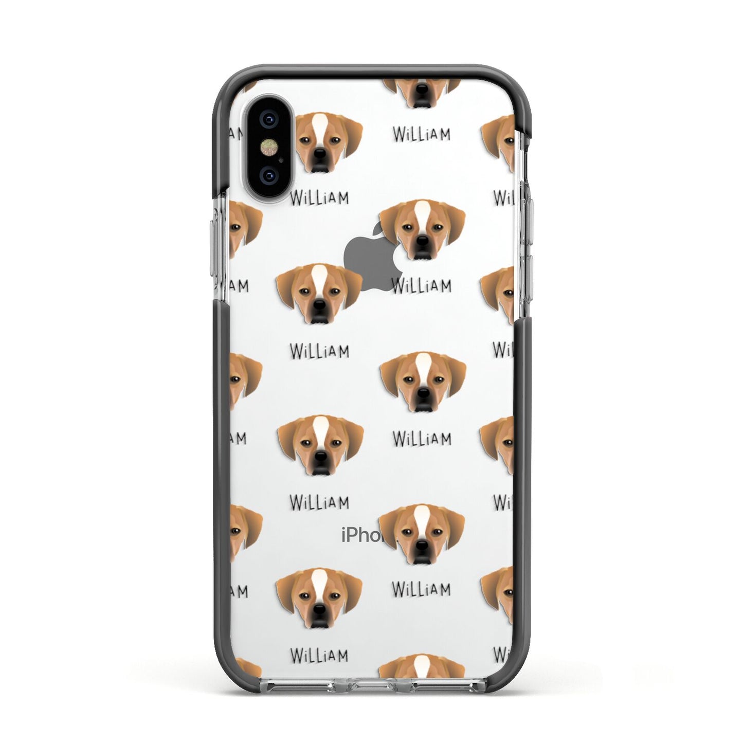 Puggle Icon with Name Apple iPhone Xs Impact Case Black Edge on Silver Phone