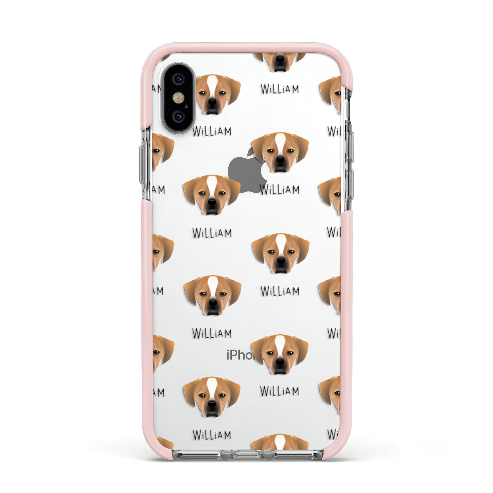 Puggle Icon with Name Apple iPhone Xs Impact Case Pink Edge on Silver Phone