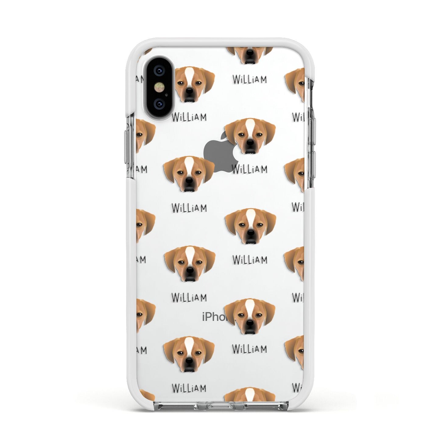 Puggle Icon with Name Apple iPhone Xs Impact Case White Edge on Silver Phone