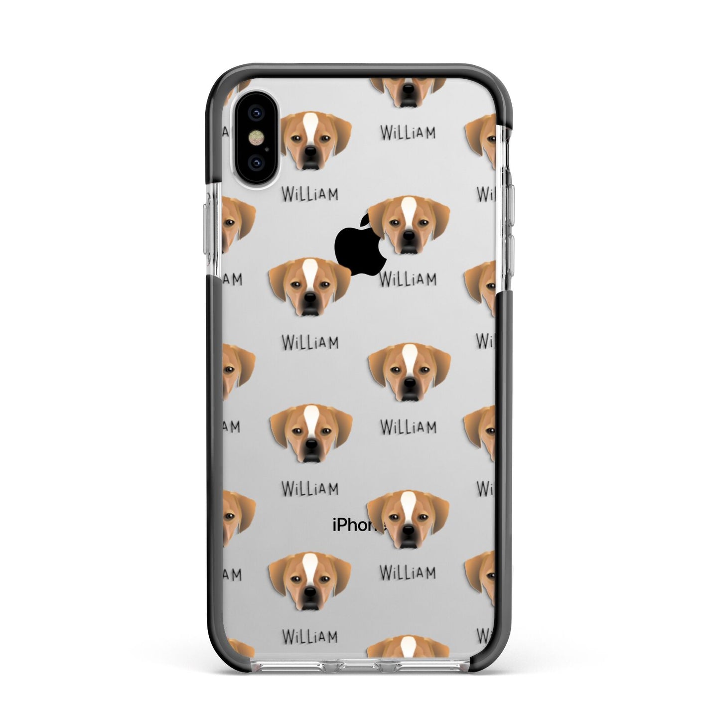 Puggle Icon with Name Apple iPhone Xs Max Impact Case Black Edge on Silver Phone