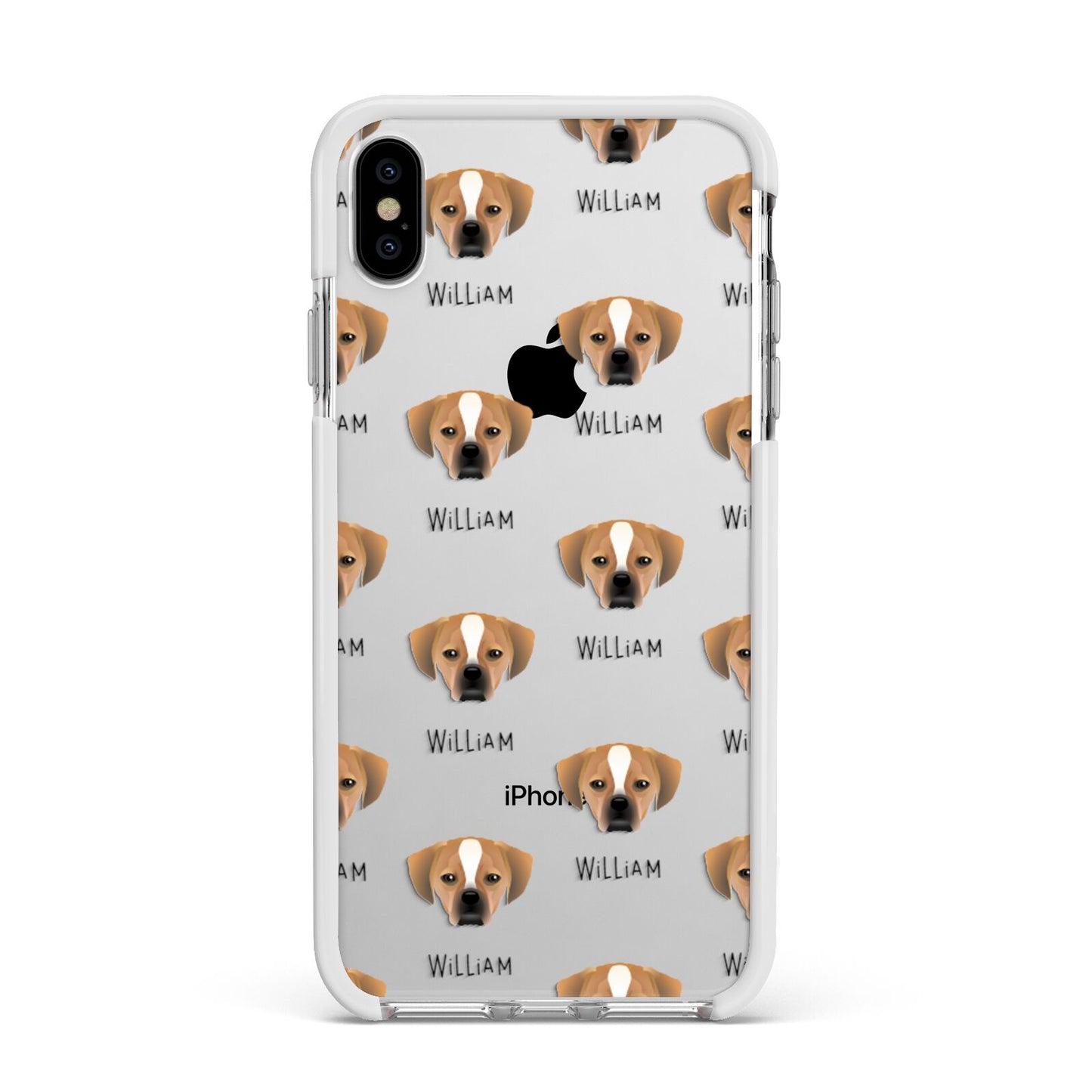 Puggle Icon with Name Apple iPhone Xs Max Impact Case White Edge on Silver Phone