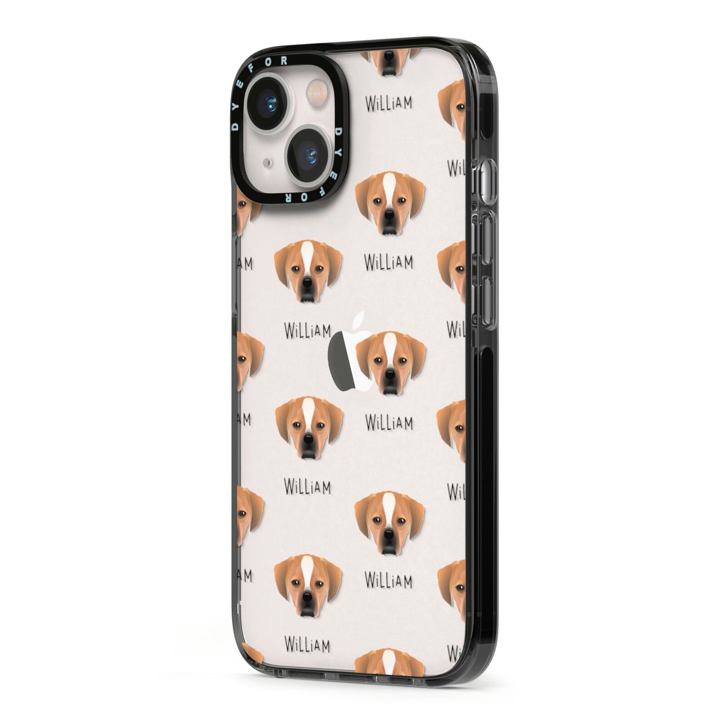 Puggle Icon with Name iPhone 13 Black Impact Case Side Angle on Silver phone