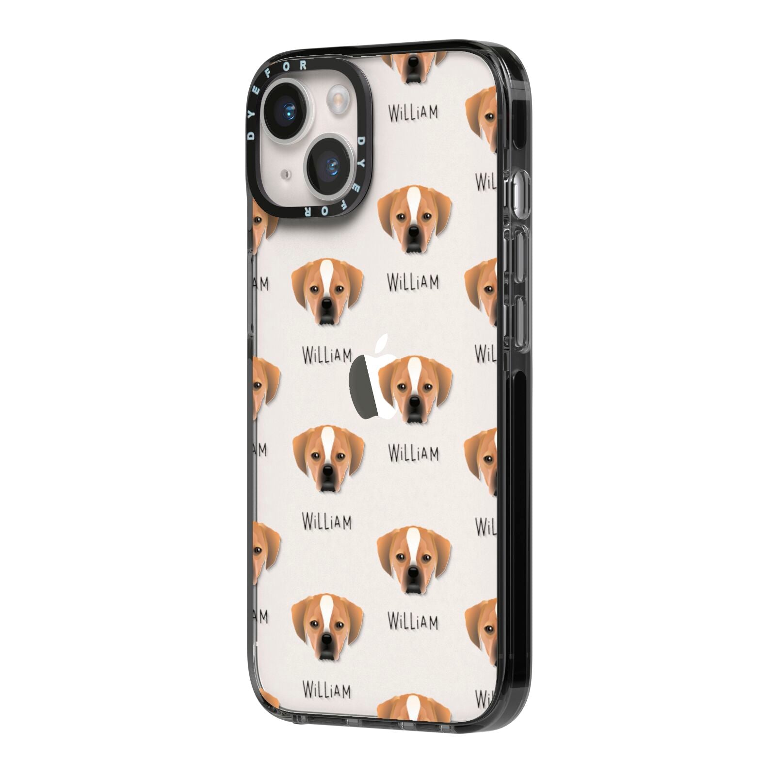 Puggle Icon with Name iPhone 14 Black Impact Case Side Angle on Silver phone