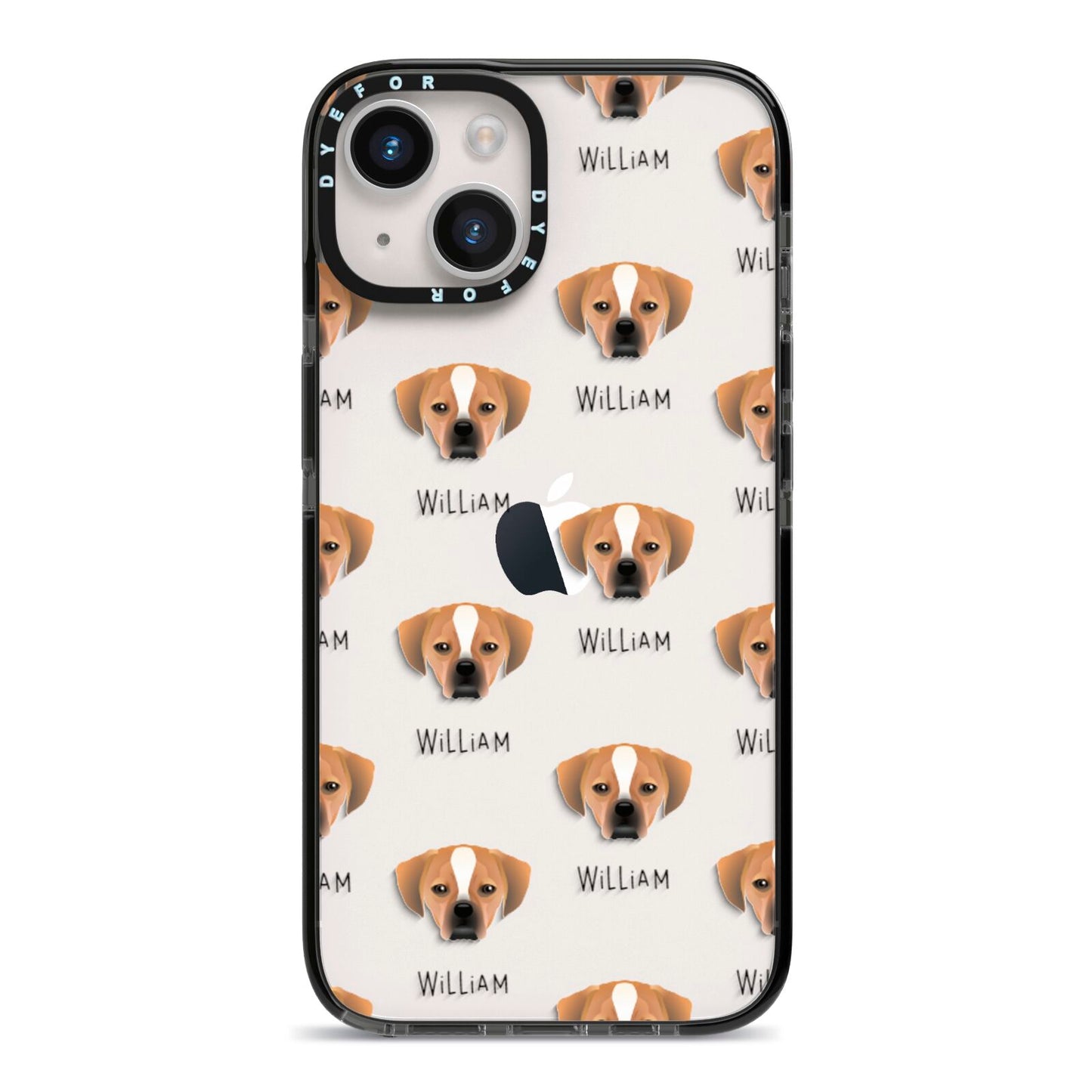 Puggle Icon with Name iPhone 14 Black Impact Case on Silver phone