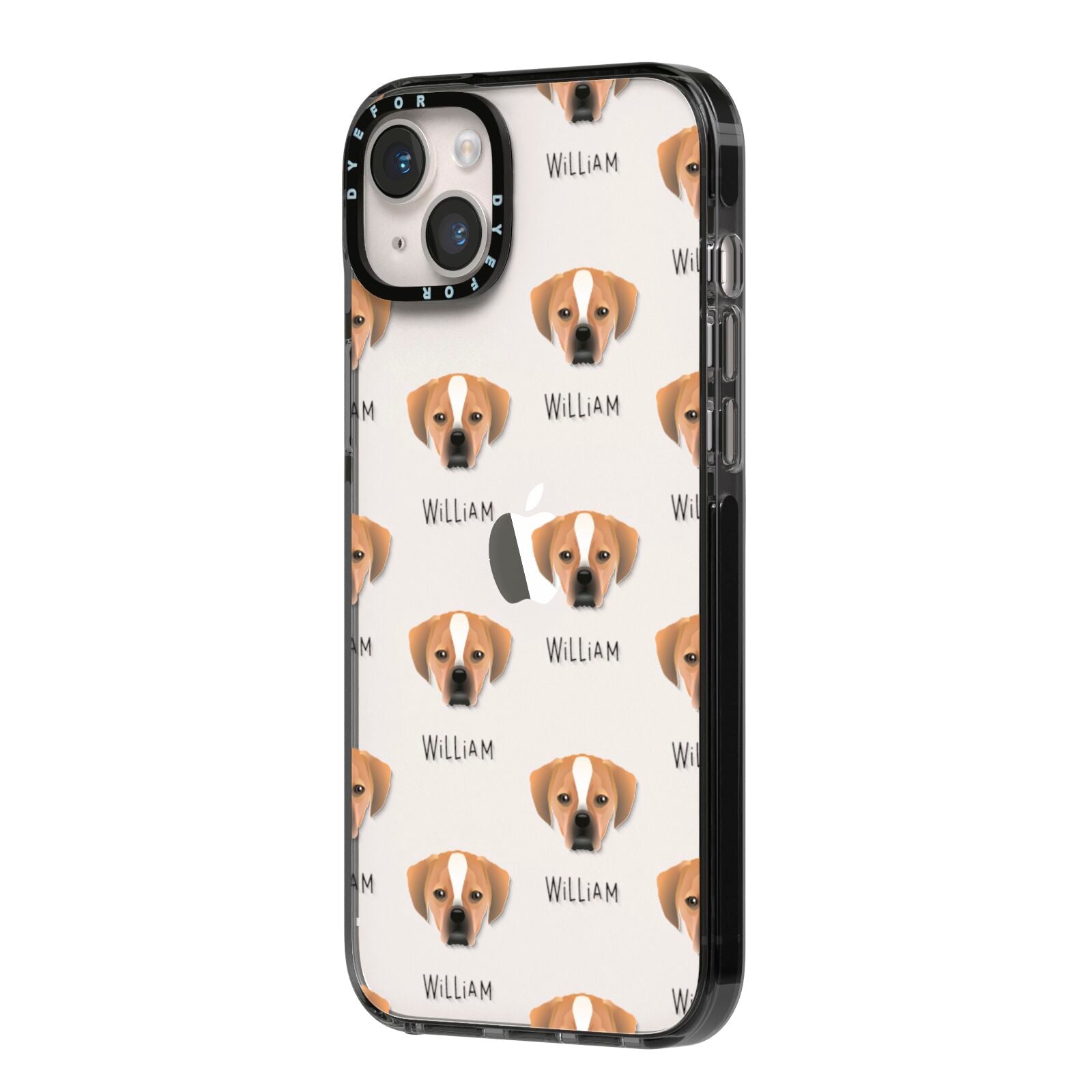 Puggle Icon with Name iPhone 14 Plus Black Impact Case Side Angle on Silver phone