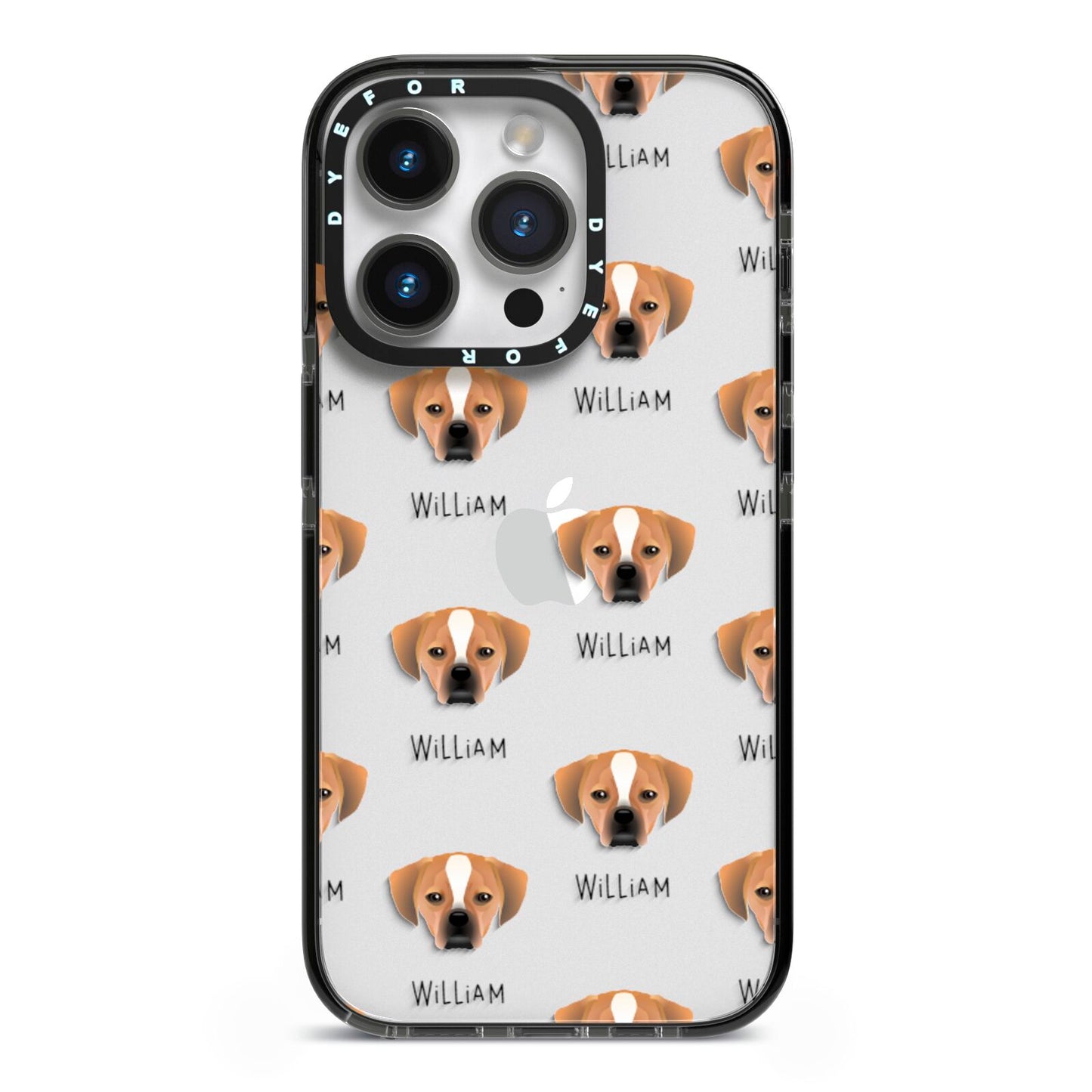 Puggle Icon with Name iPhone 14 Pro Black Impact Case on Silver phone