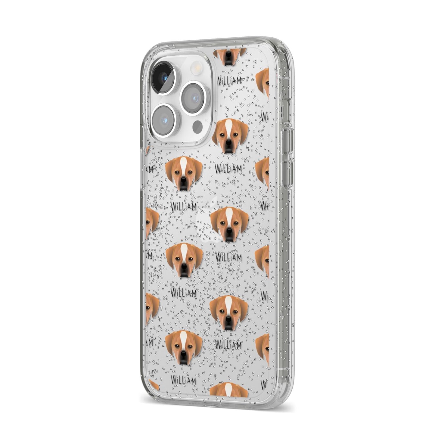 Puggle Icon with Name iPhone 14 Pro Max Glitter Tough Case Silver Angled Image