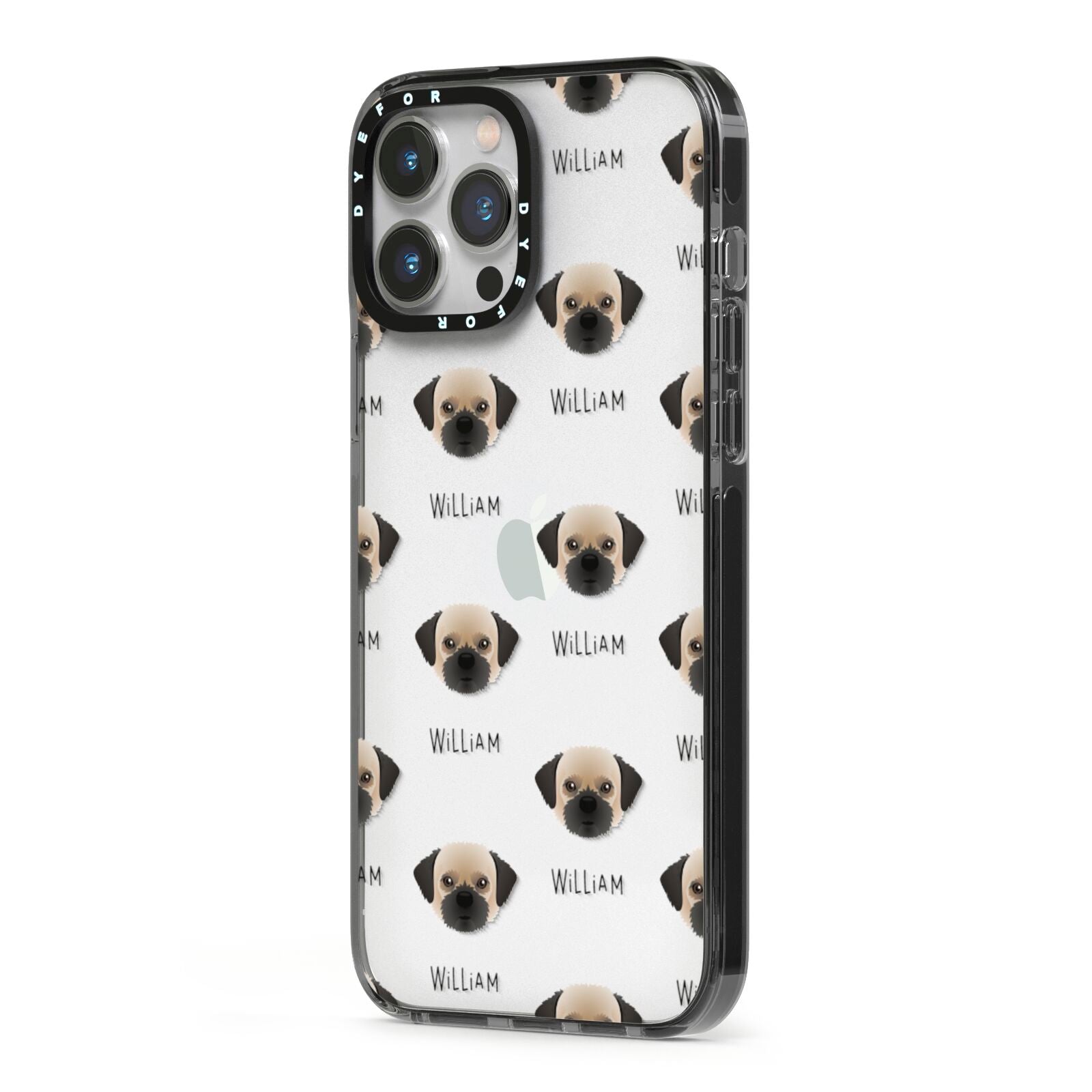 Pugzu Icon with Name iPhone 13 Pro Max Black Impact Case Side Angle on Silver phone