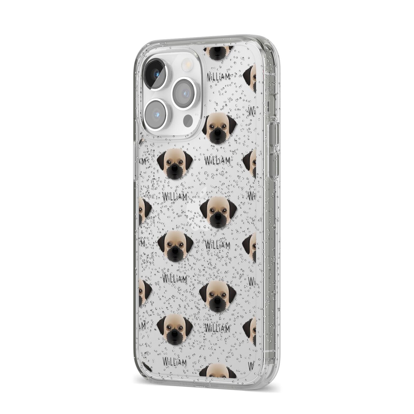 Pugzu Icon with Name iPhone 14 Pro Max Glitter Tough Case Silver Angled Image