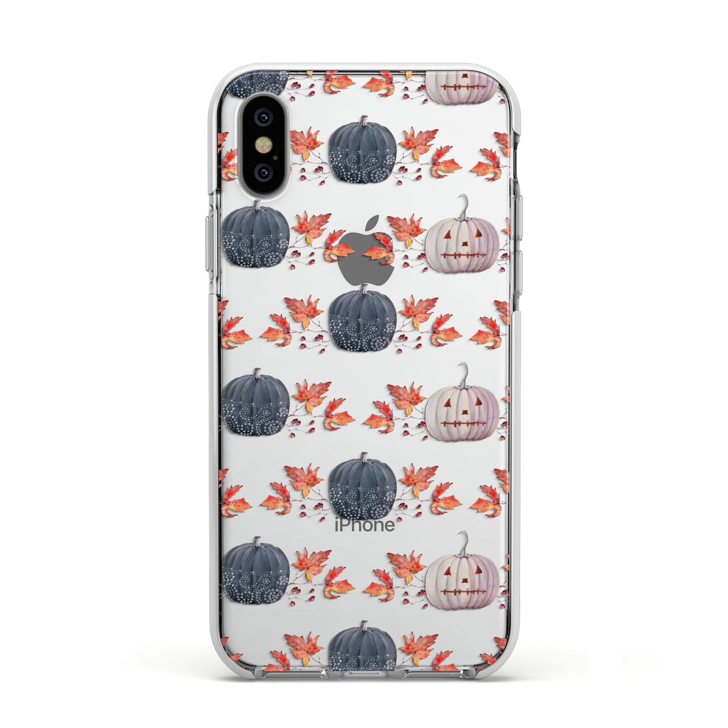 Pumpkin Autumn Leaves Apple iPhone Xs Impact Case White Edge on Silver Phone