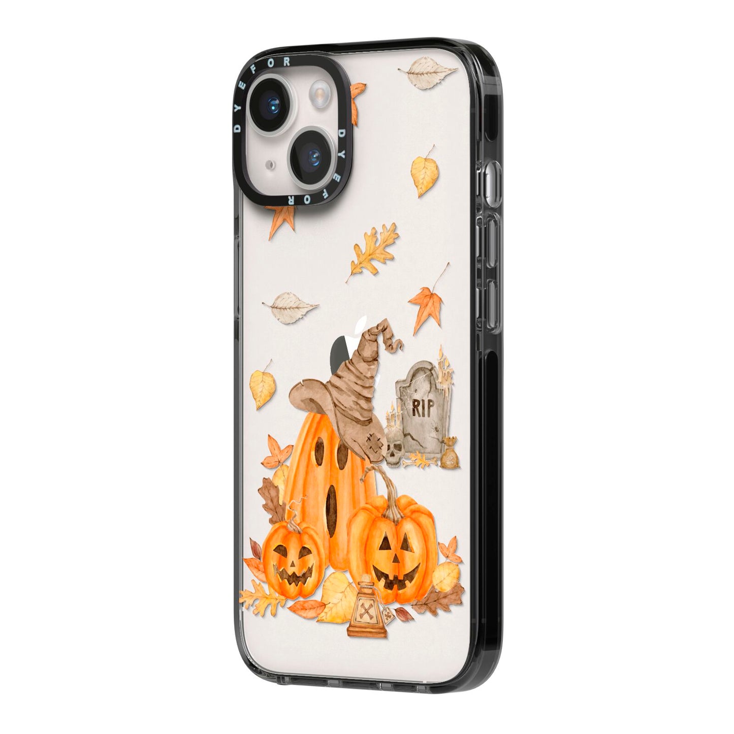 Pumpkin Graveyard iPhone 14 Black Impact Case Side Angle on Silver phone