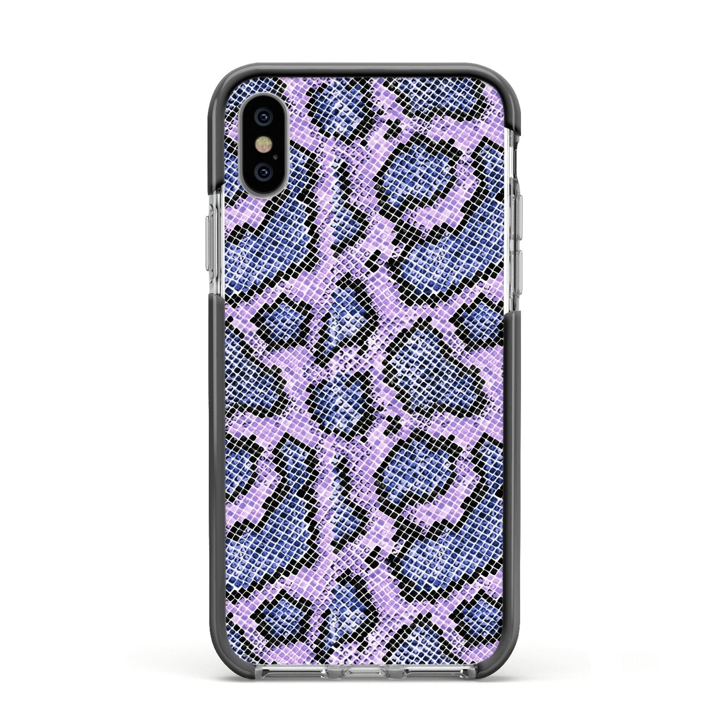 Purple And Blue Snakeskin Apple iPhone Xs Impact Case Black Edge on Silver Phone