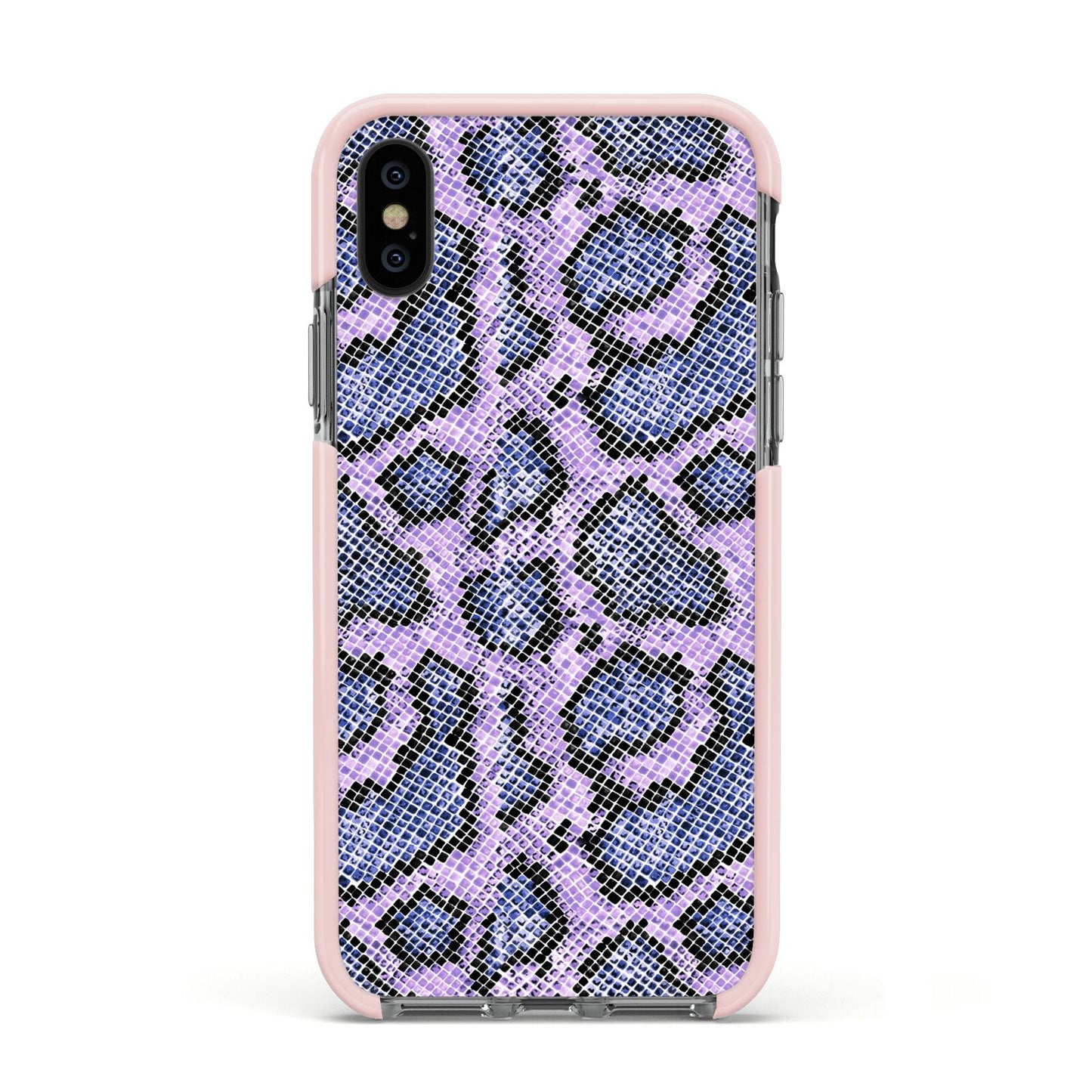 Purple And Blue Snakeskin Apple iPhone Xs Impact Case Pink Edge on Black Phone