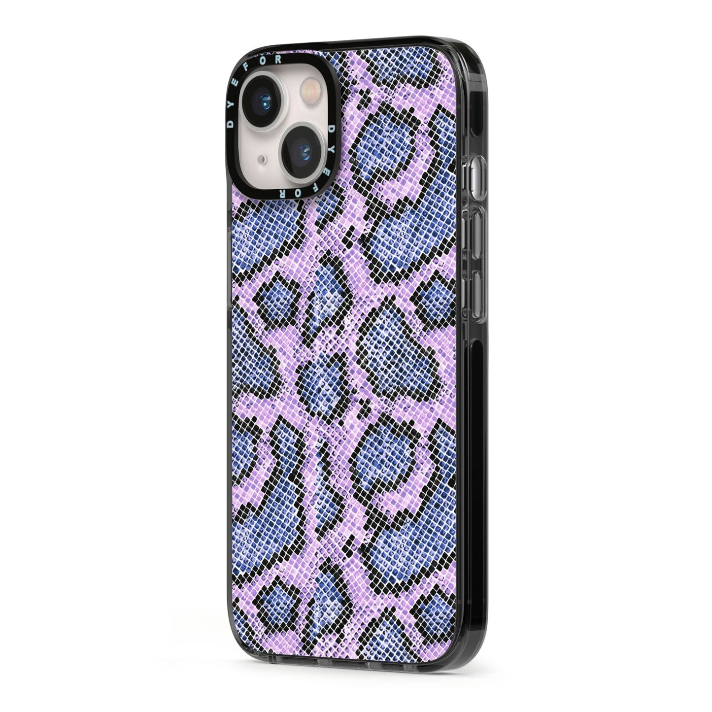 Purple And Blue Snakeskin iPhone 13 Black Impact Case Side Angle on Silver phone