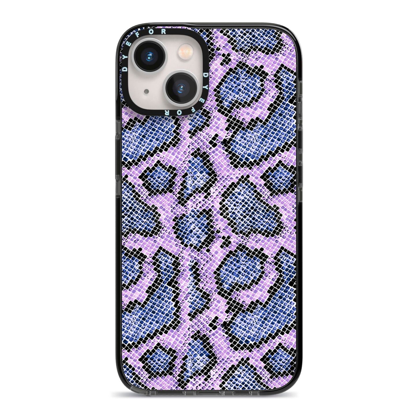 Purple And Blue Snakeskin iPhone 13 Black Impact Case on Silver phone