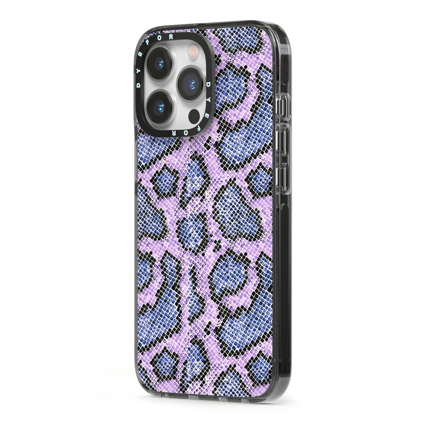 Purple And Blue Snakeskin iPhone 13 Pro Black Impact Case Side Angle on Silver phone