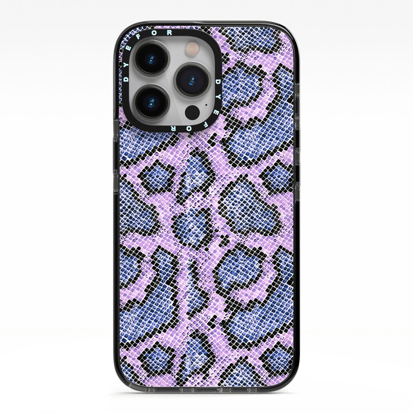 Purple And Blue Snakeskin iPhone 13 Pro Black Impact Case on Silver phone