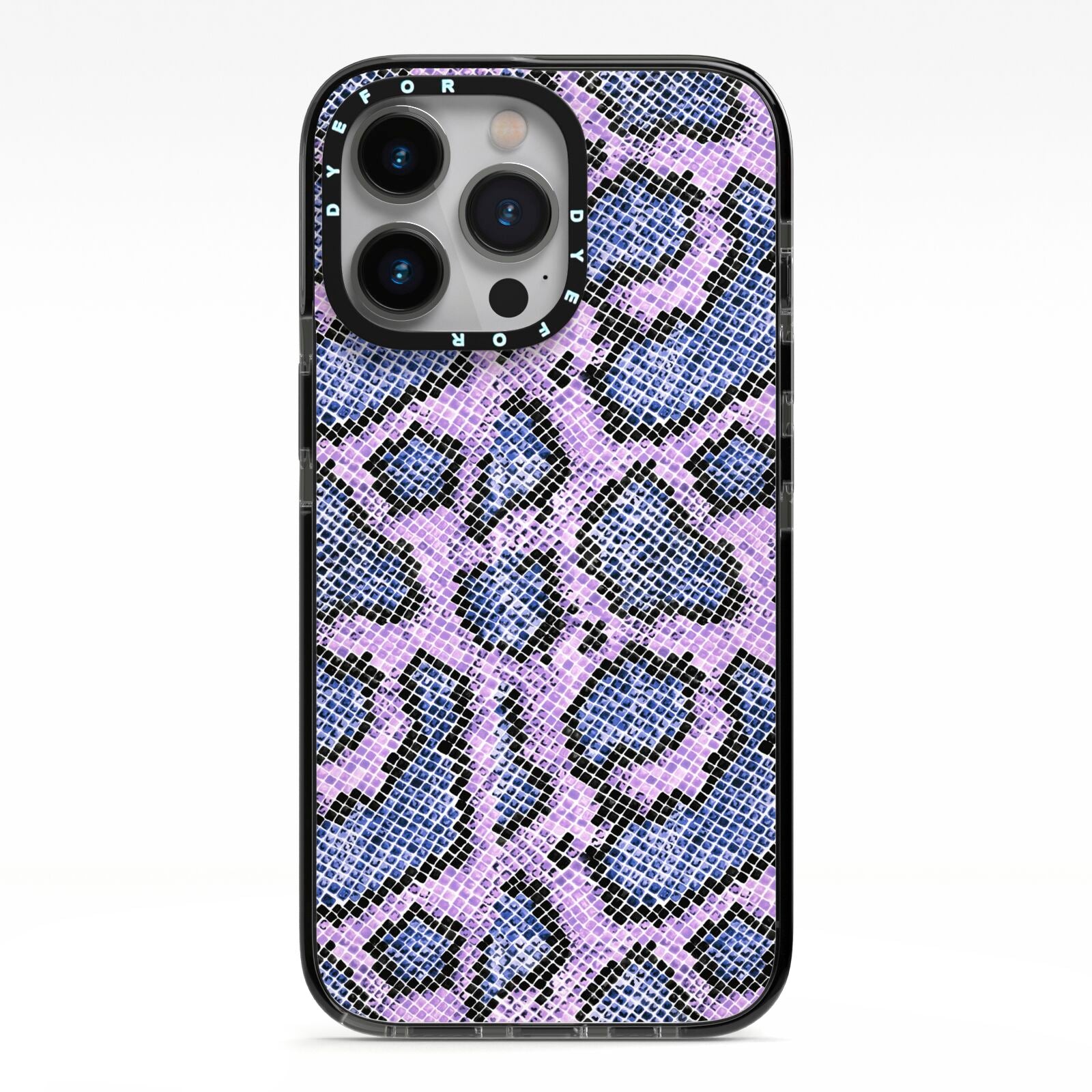 Purple And Blue Snakeskin iPhone 13 Pro Black Impact Case on Silver phone