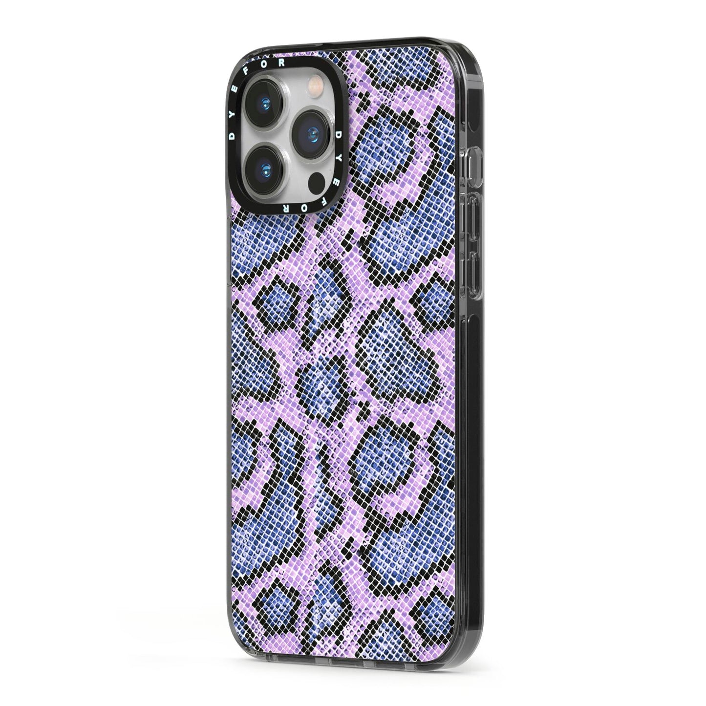 Purple And Blue Snakeskin iPhone 13 Pro Max Black Impact Case Side Angle on Silver phone