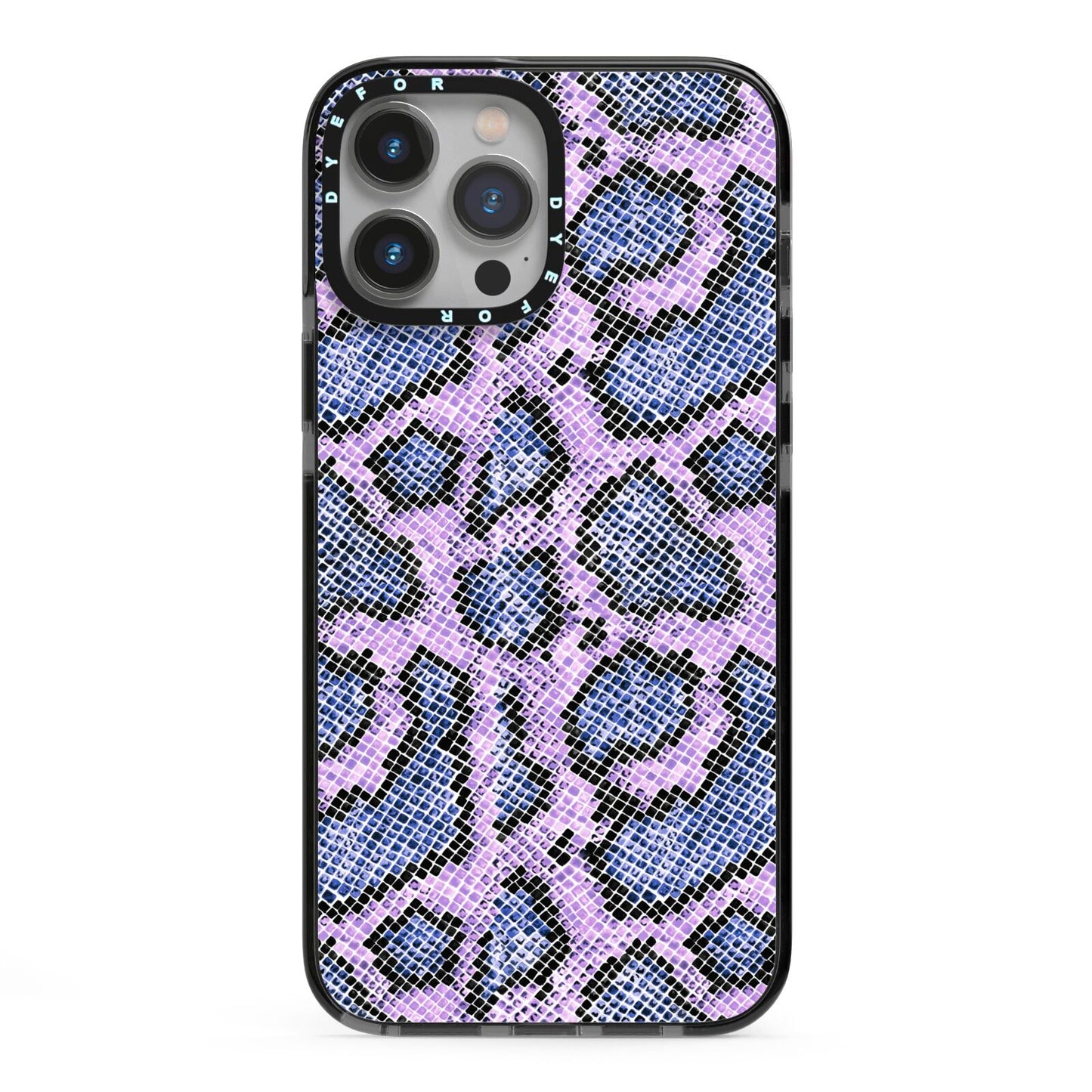 Purple And Blue Snakeskin iPhone 13 Pro Max Black Impact Case on Silver phone