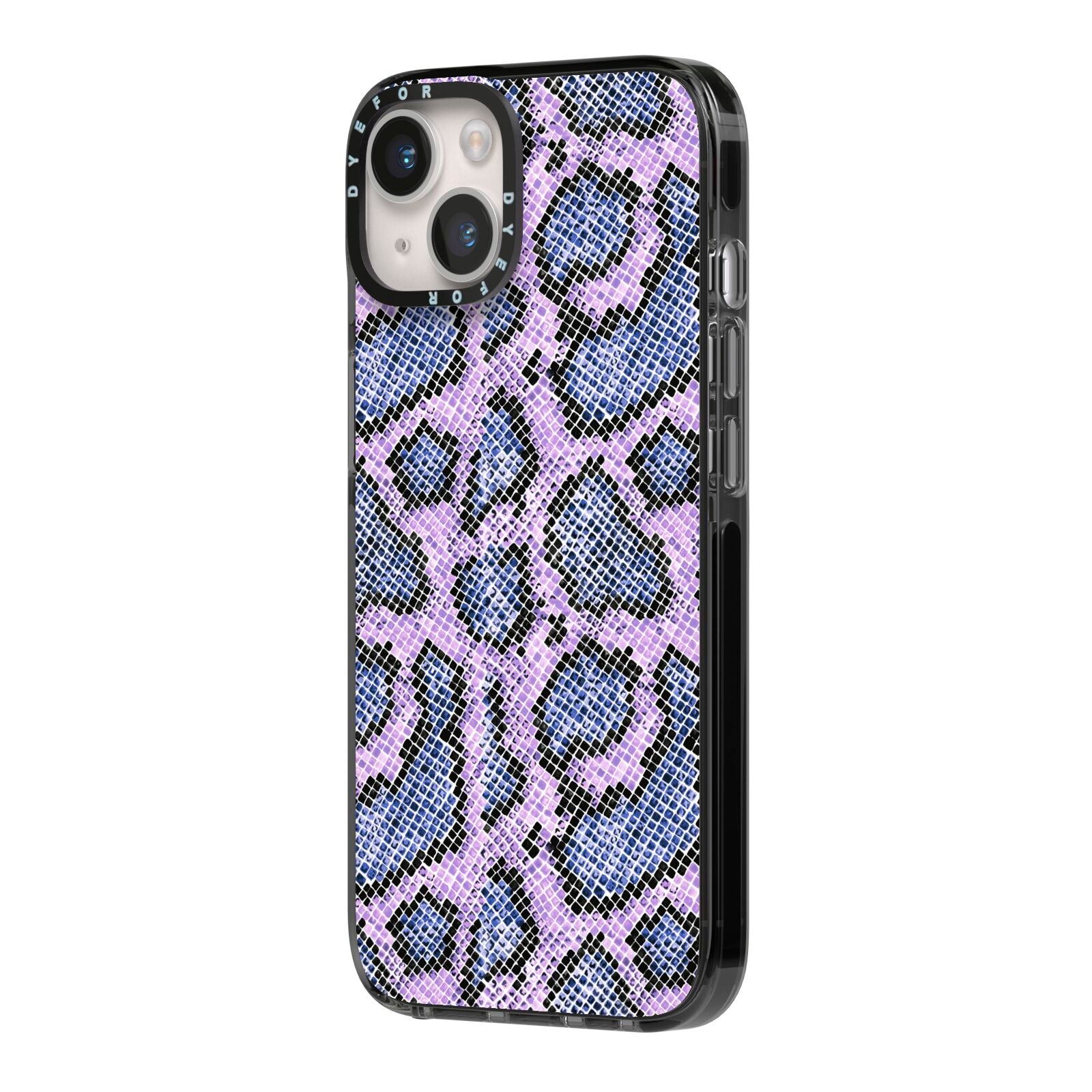 Purple And Blue Snakeskin iPhone 14 Black Impact Case Side Angle on Silver phone