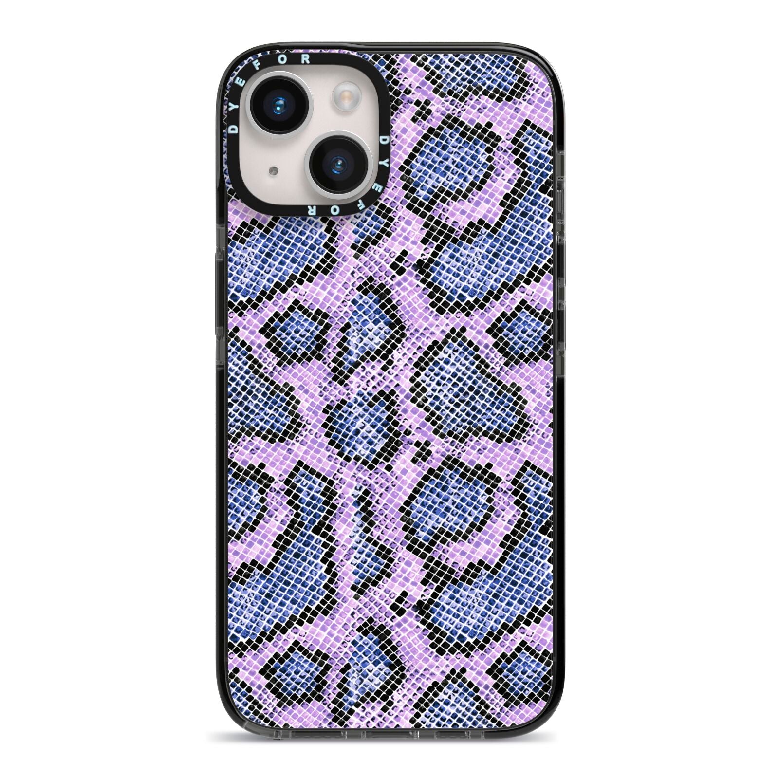 Purple And Blue Snakeskin iPhone 14 Black Impact Case on Silver phone