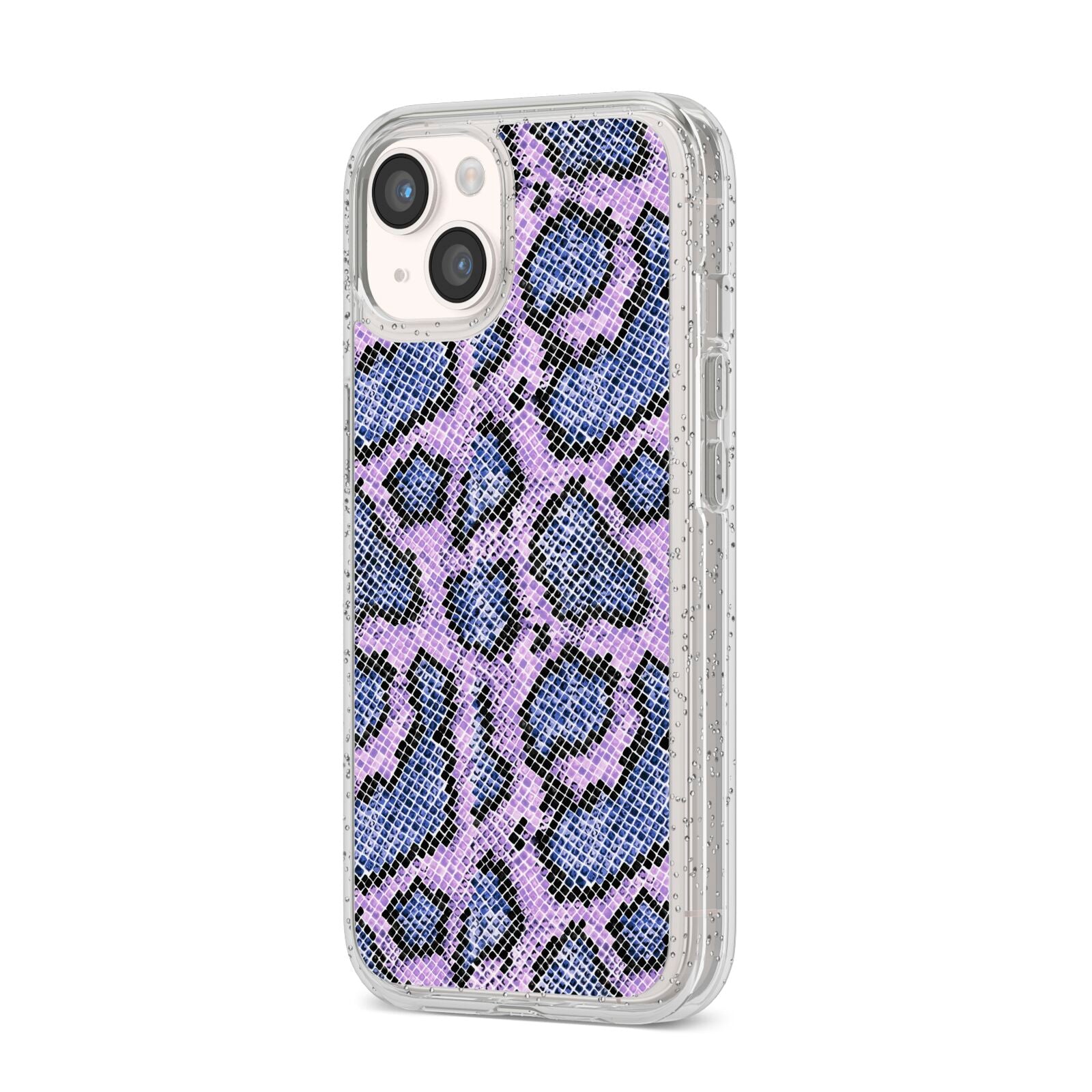 Purple And Blue Snakeskin iPhone 14 Glitter Tough Case Starlight Angled Image