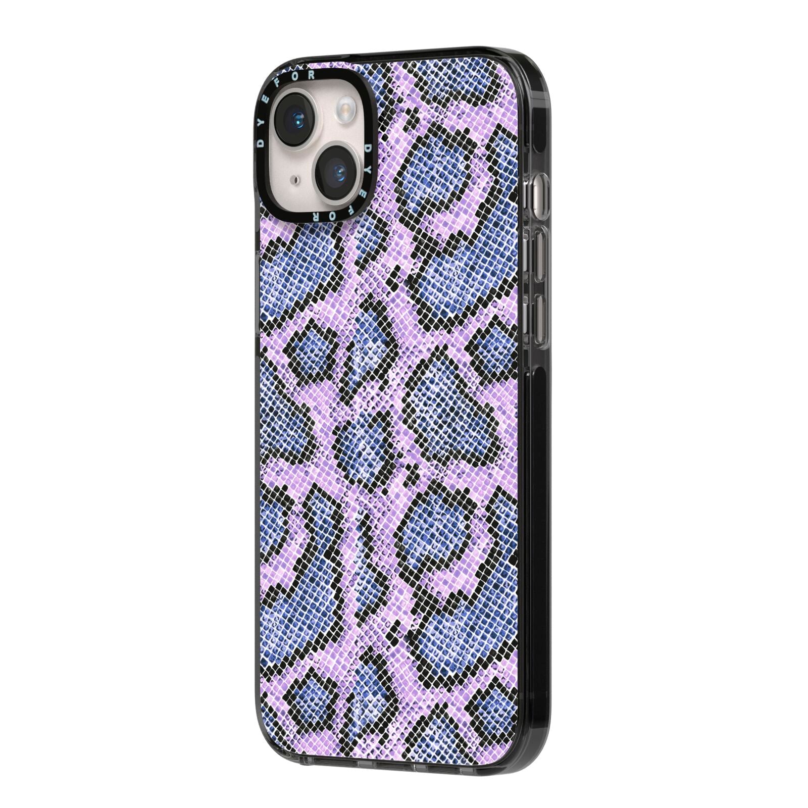 Purple And Blue Snakeskin iPhone 14 Plus Black Impact Case Side Angle on Silver phone