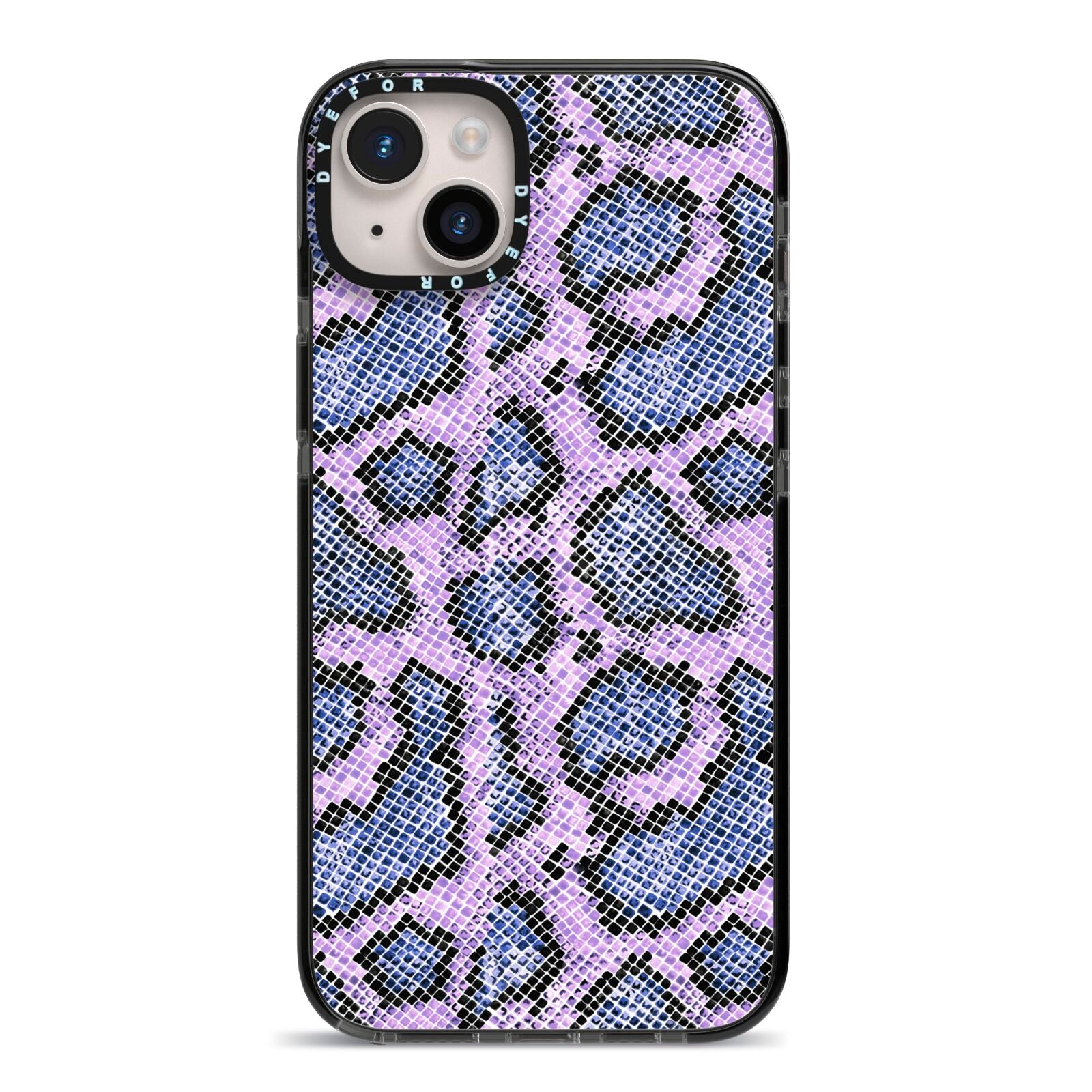 Purple And Blue Snakeskin iPhone 14 Plus Black Impact Case on Silver phone