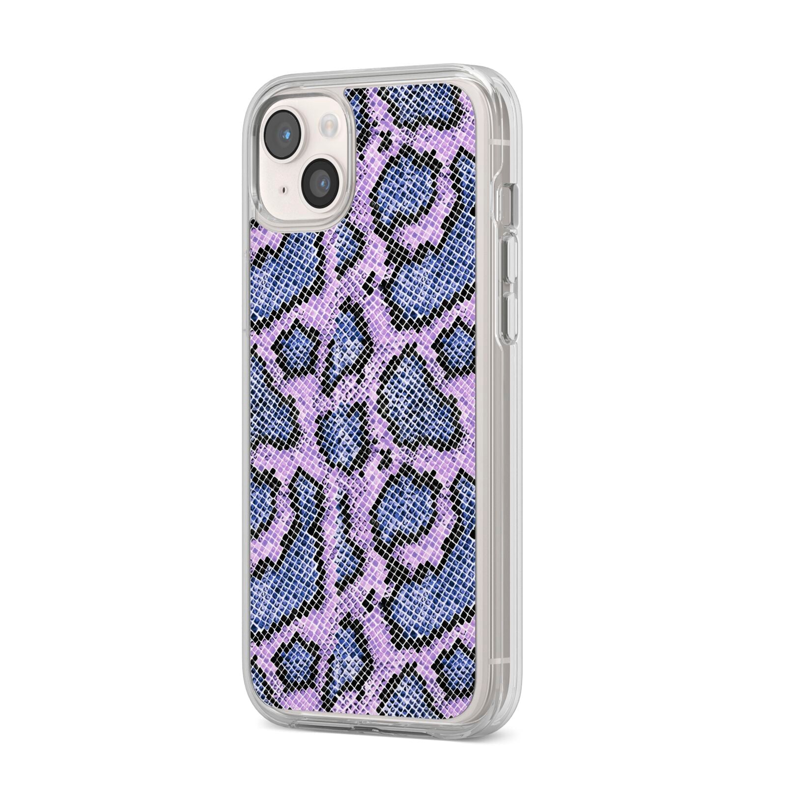 Purple And Blue Snakeskin iPhone 14 Plus Clear Tough Case Starlight Angled Image