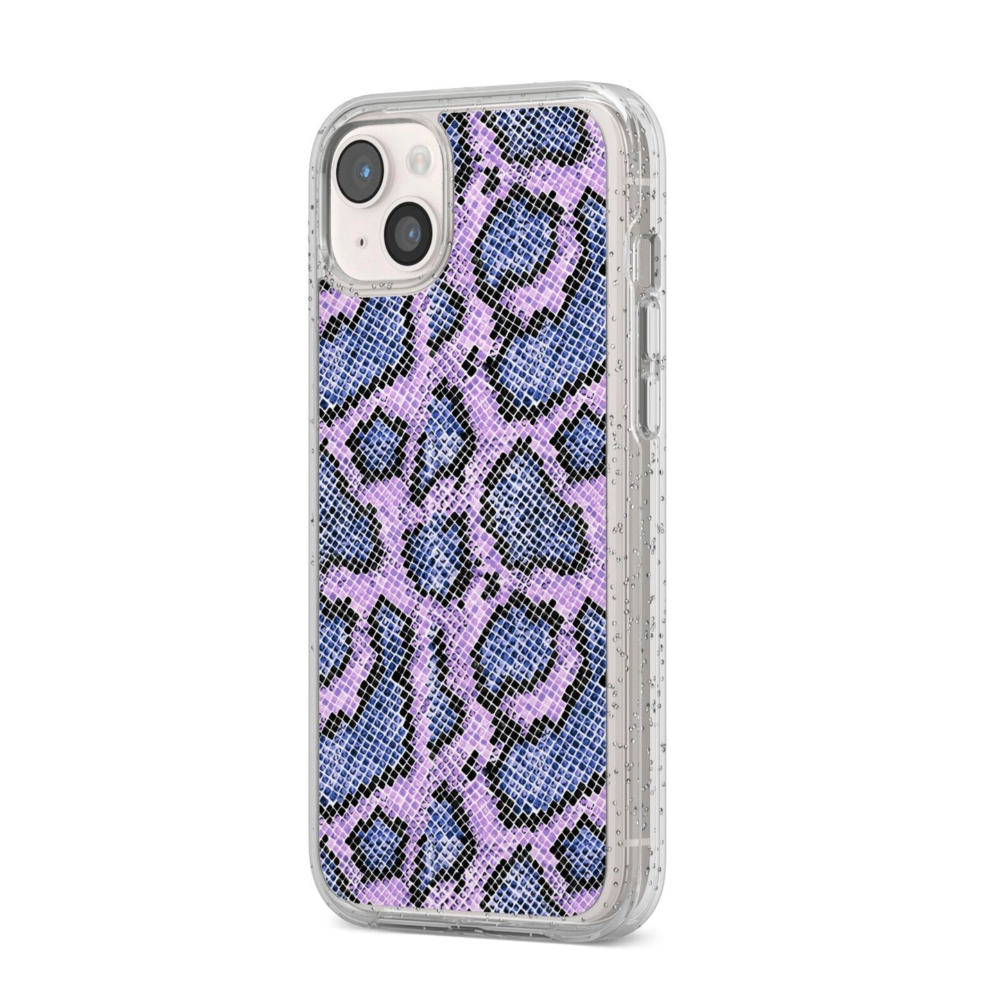 Purple And Blue Snakeskin iPhone 14 Plus Glitter Tough Case Starlight Angled Image