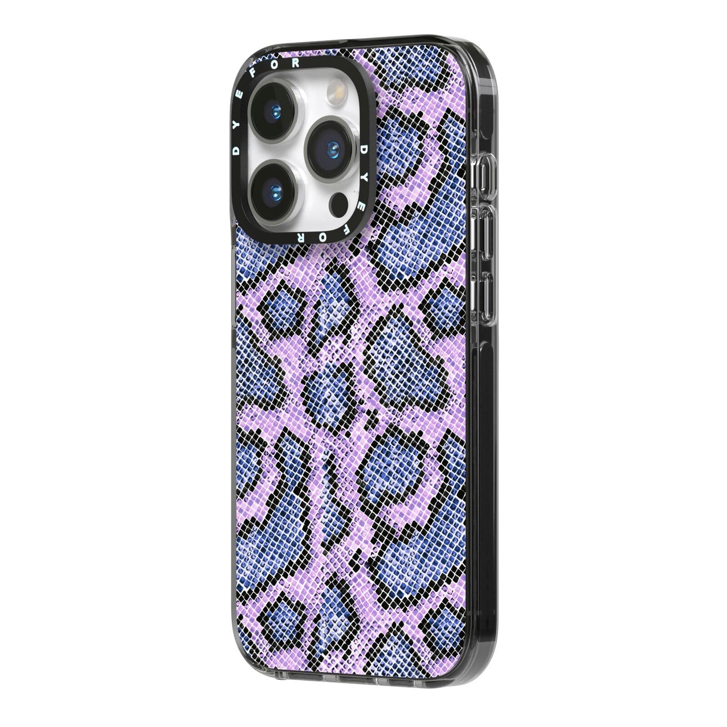 Purple And Blue Snakeskin iPhone 14 Pro Black Impact Case Side Angle on Silver phone