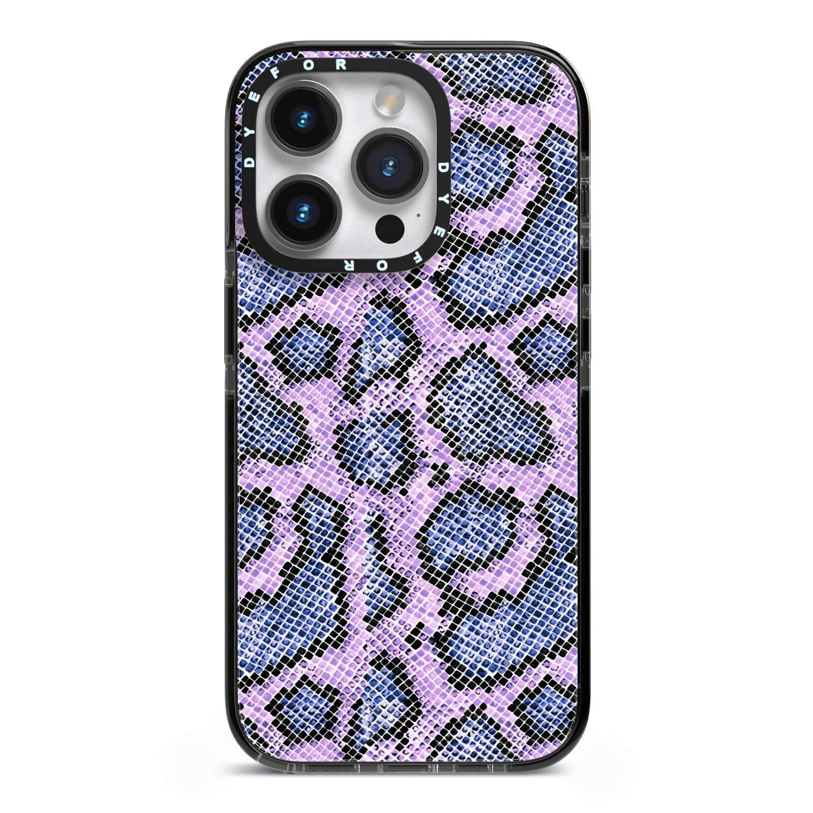 Purple And Blue Snakeskin iPhone 14 Pro Black Impact Case on Silver phone