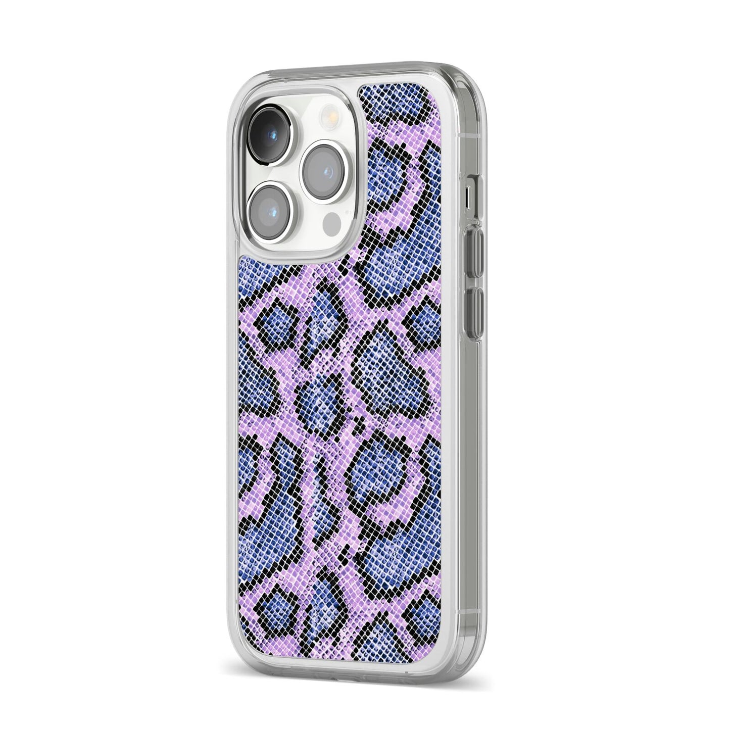 Purple And Blue Snakeskin iPhone 14 Pro Clear Tough Case Silver Angled Image