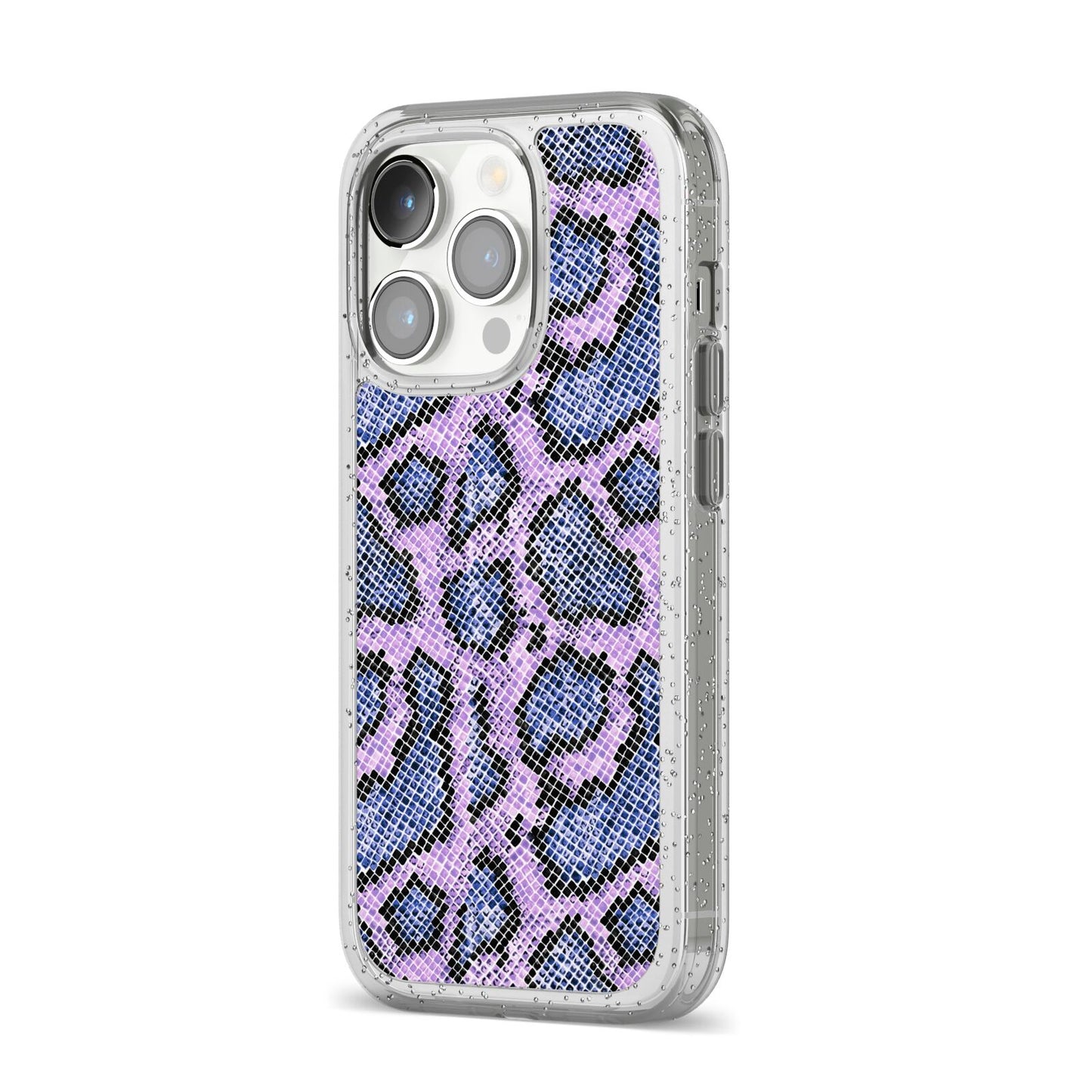 Purple And Blue Snakeskin iPhone 14 Pro Glitter Tough Case Silver Angled Image