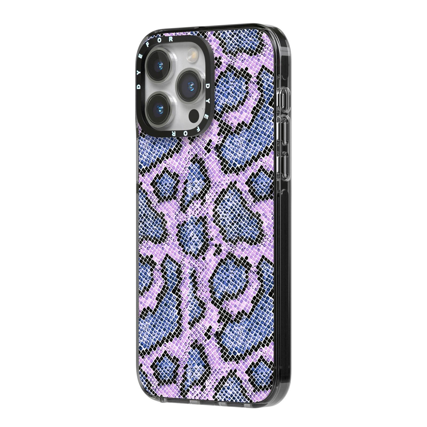 Purple And Blue Snakeskin iPhone 14 Pro Max Black Impact Case Side Angle on Silver phone