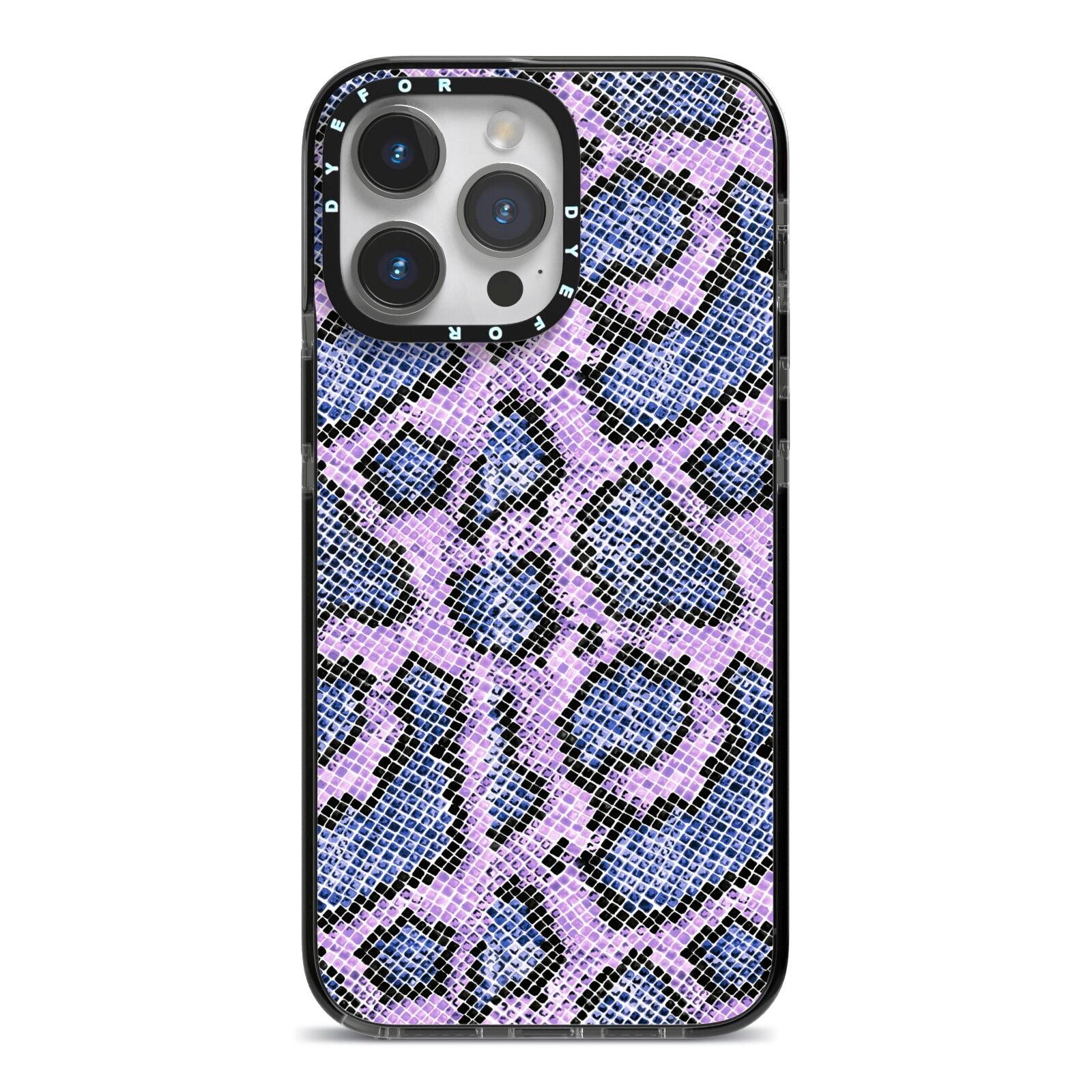 Purple And Blue Snakeskin iPhone 14 Pro Max Black Impact Case on Silver phone