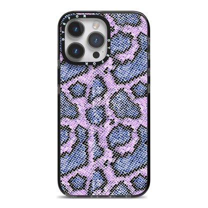 Purple And Blue Snakeskin iPhone 14 Pro Max Black Impact Case on Silver phone