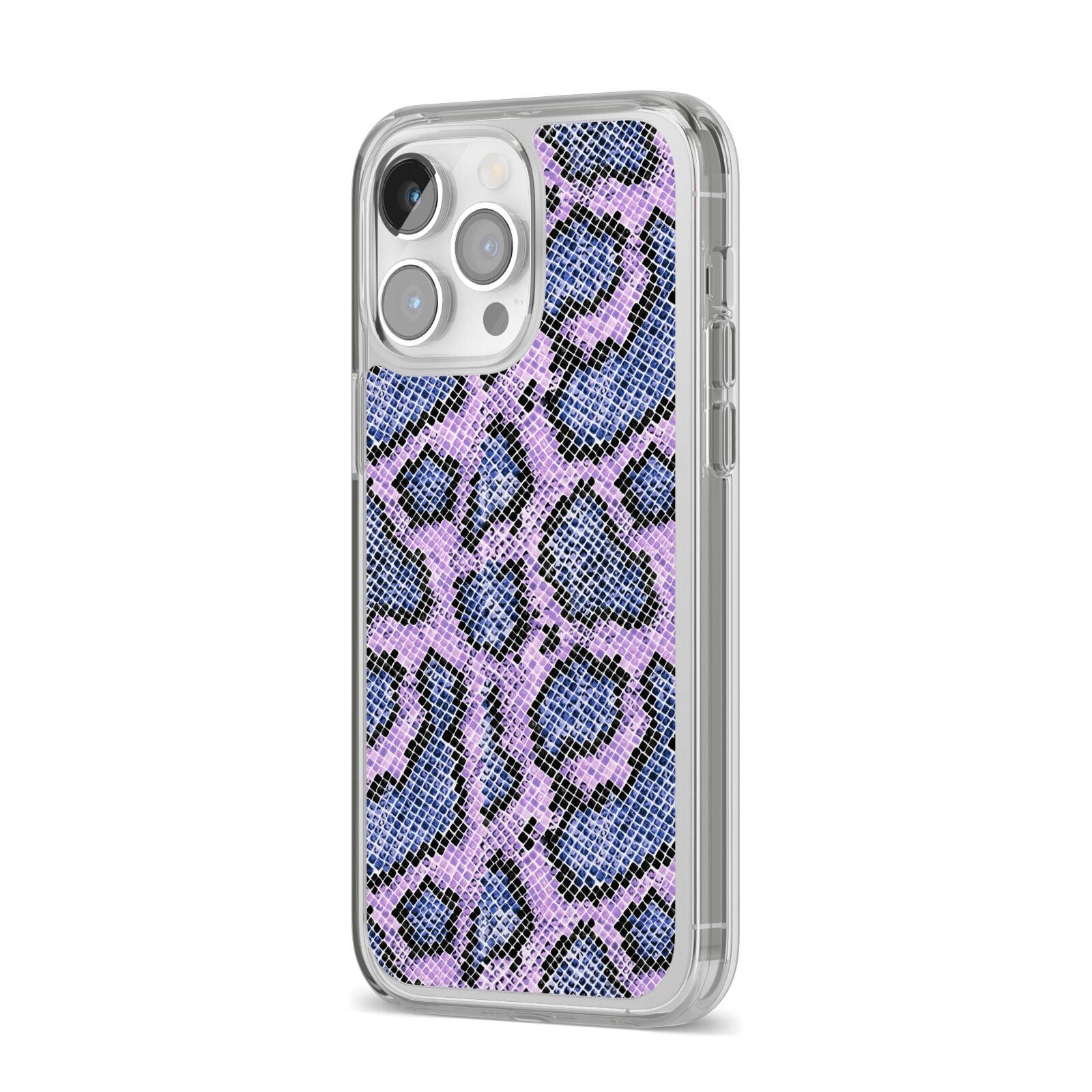 Purple And Blue Snakeskin iPhone 14 Pro Max Clear Tough Case Silver Angled Image