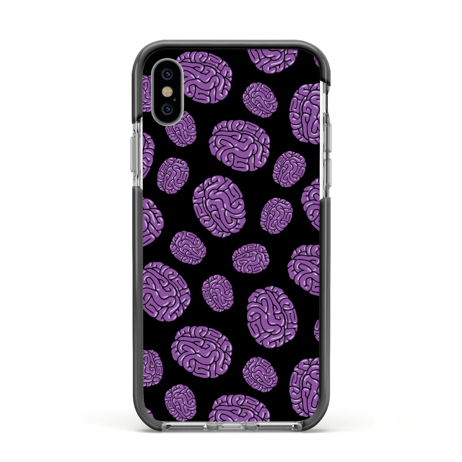 Purple Brains Apple iPhone Xs Impact Case Black Edge on Silver Phone